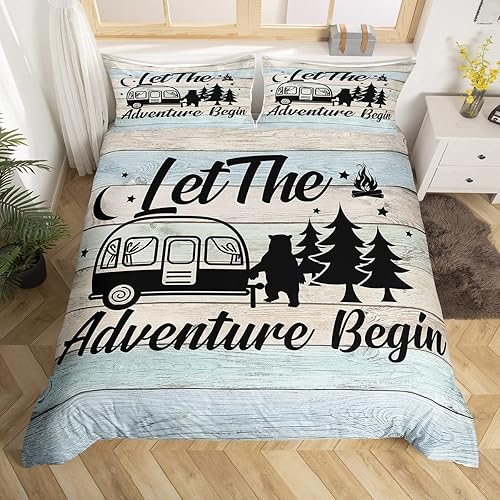 Miniatura 3 de Juego de funda de edredón de campamento feliz, juego de ropa de cama tamaño Queen, funda de edredón a rayas coloridas, ropa de cama temática de