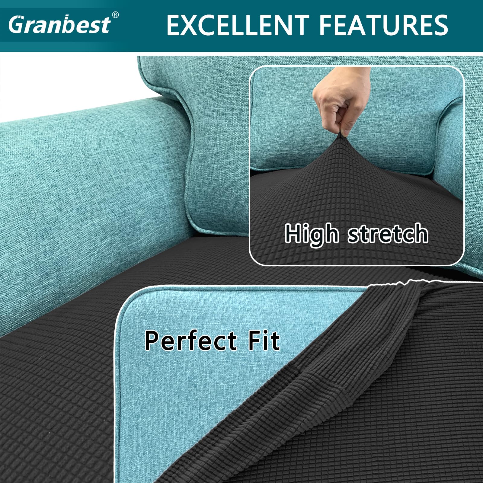 Granbest High Stretch Sofa Seat Cushion Cover Super Soft Couch Seat Cover Sofa Cushion Protector Jacquard Spandex Fabric with Elastic Bottom(2-Piece 2 Seater - Image 4