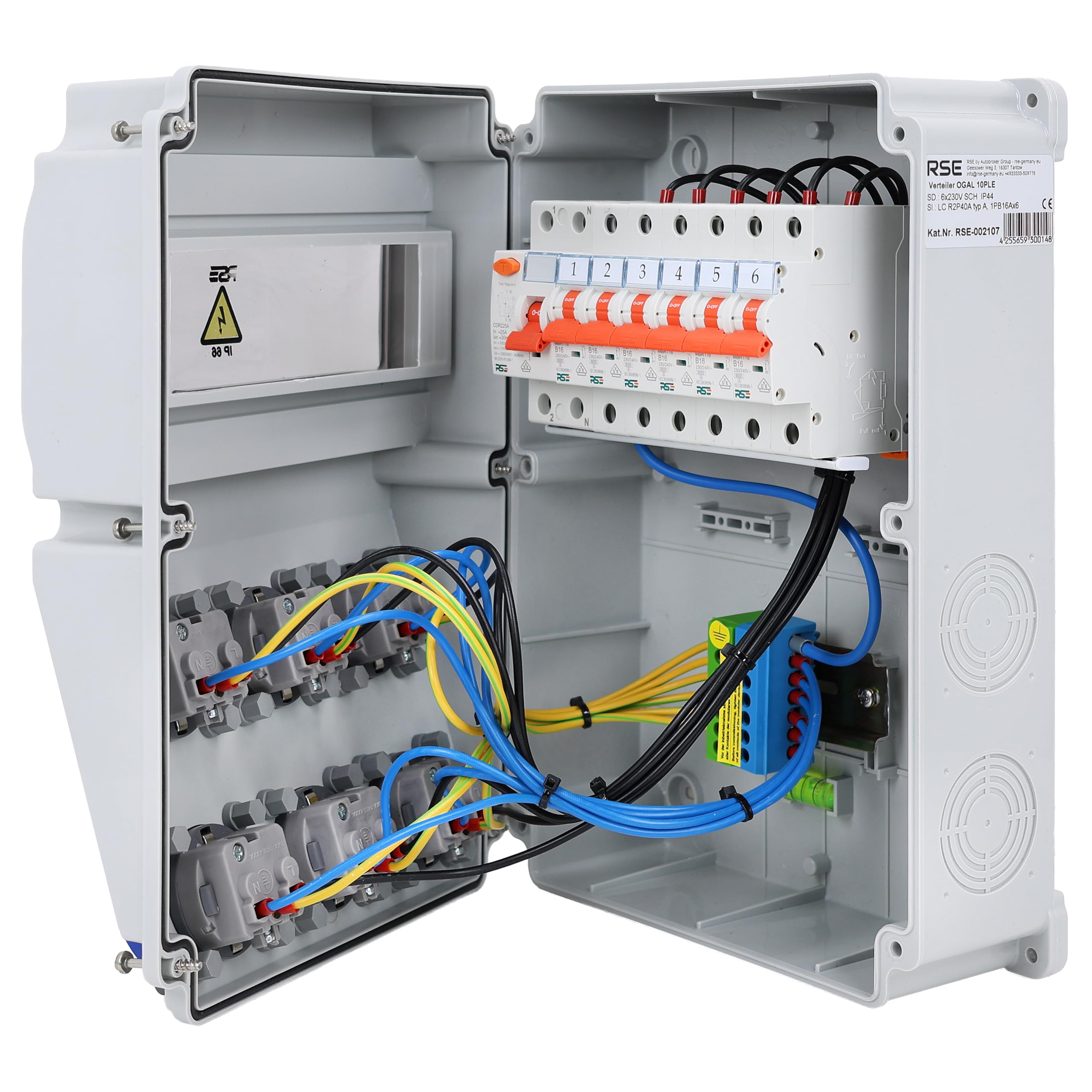 RSE Distribuidor de corriente de montaje para pared, cable completo, 230 V, Schuko con contador a elegir IP65, 8. 6 x 230 V con LS + FI