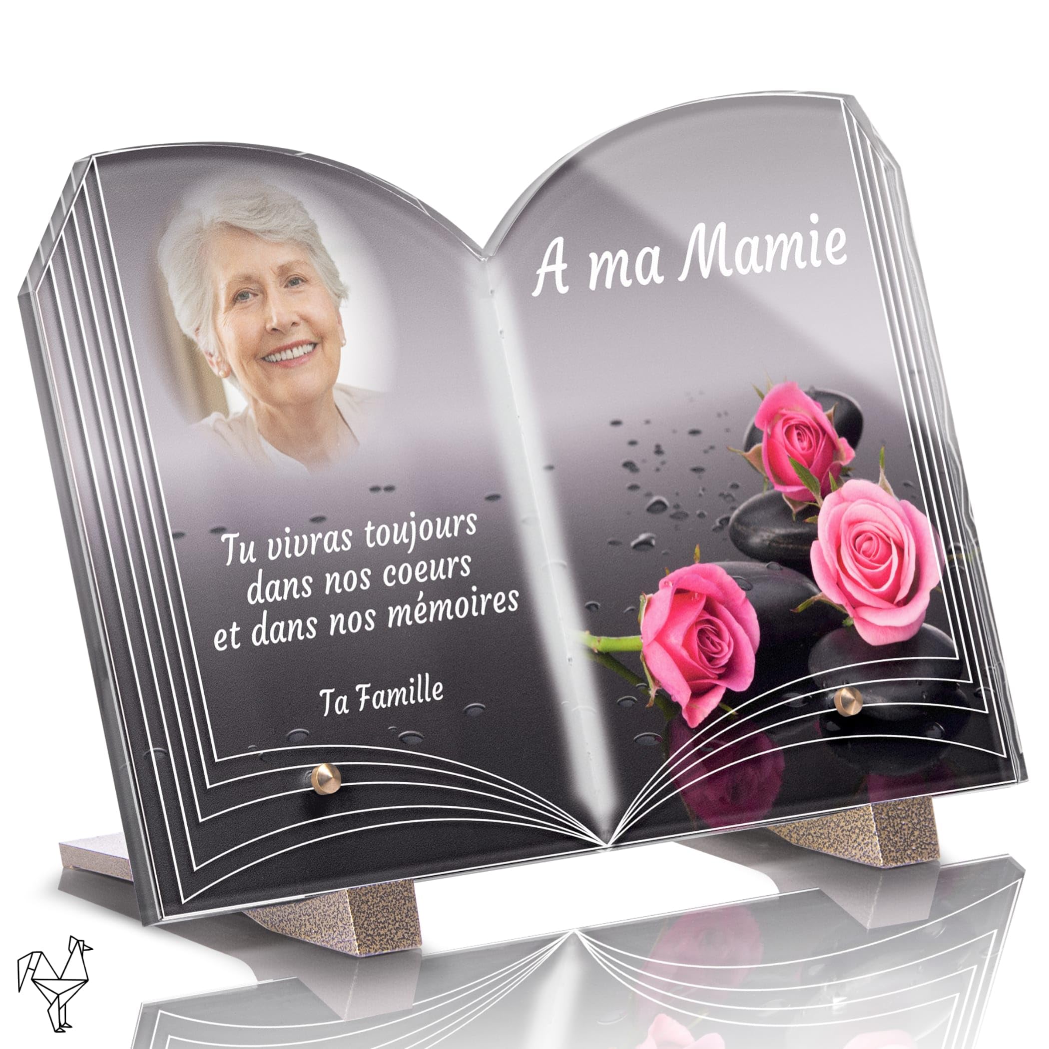 Plaque Funéraire Livre Personnalisée - Roses Galets - Textes Photo personnalisables, plusieurs lignes - Résistante aux Intempéries et Traitée Anti UV (15x10 cm (petit))