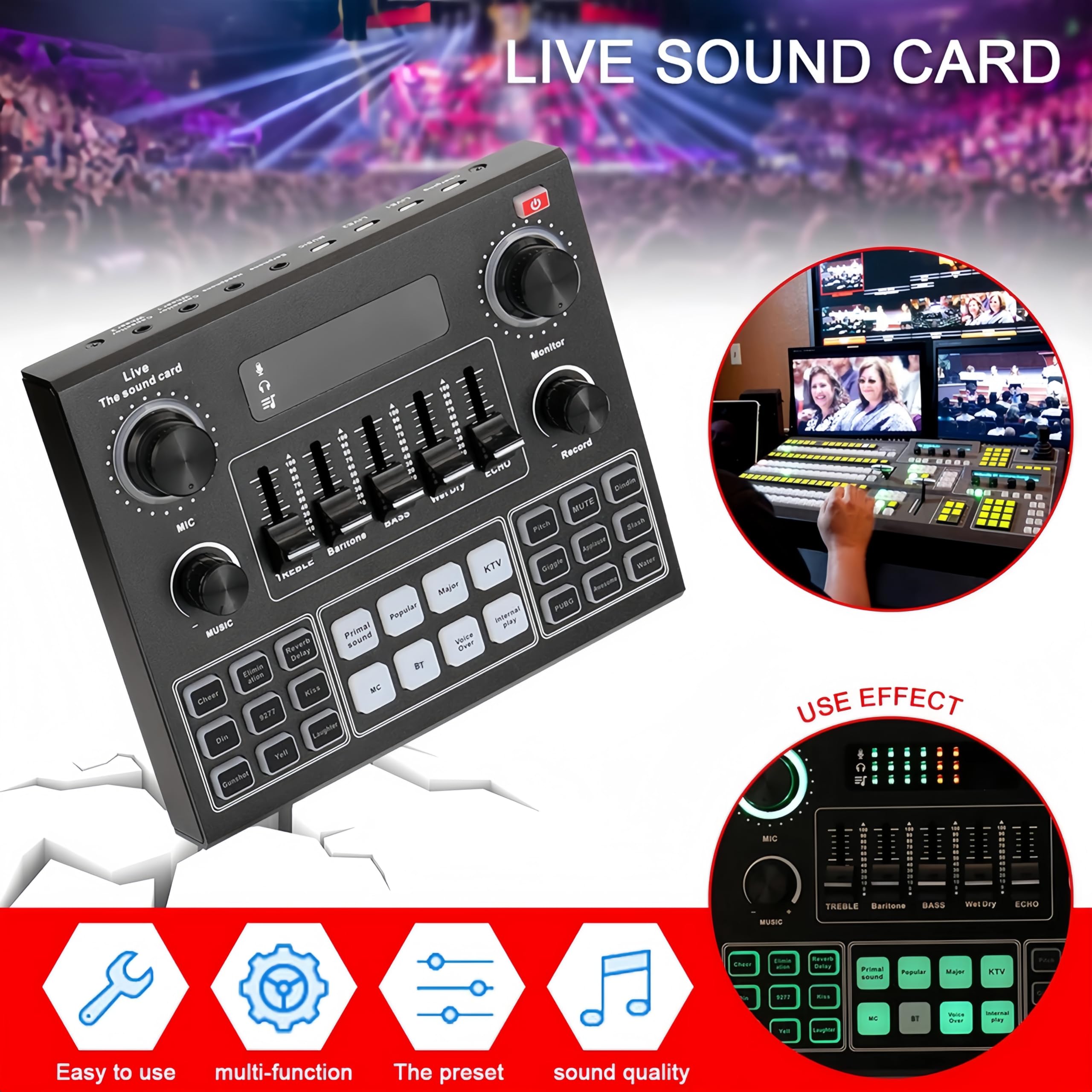 Bewinner Scheda audio Voice Changer, Quad Sound Mixer Board con 12 effetti sonori, scheda audio live per mixer DJ, Music Studio Recording, compatibile con telefono cellulare, PC, computer