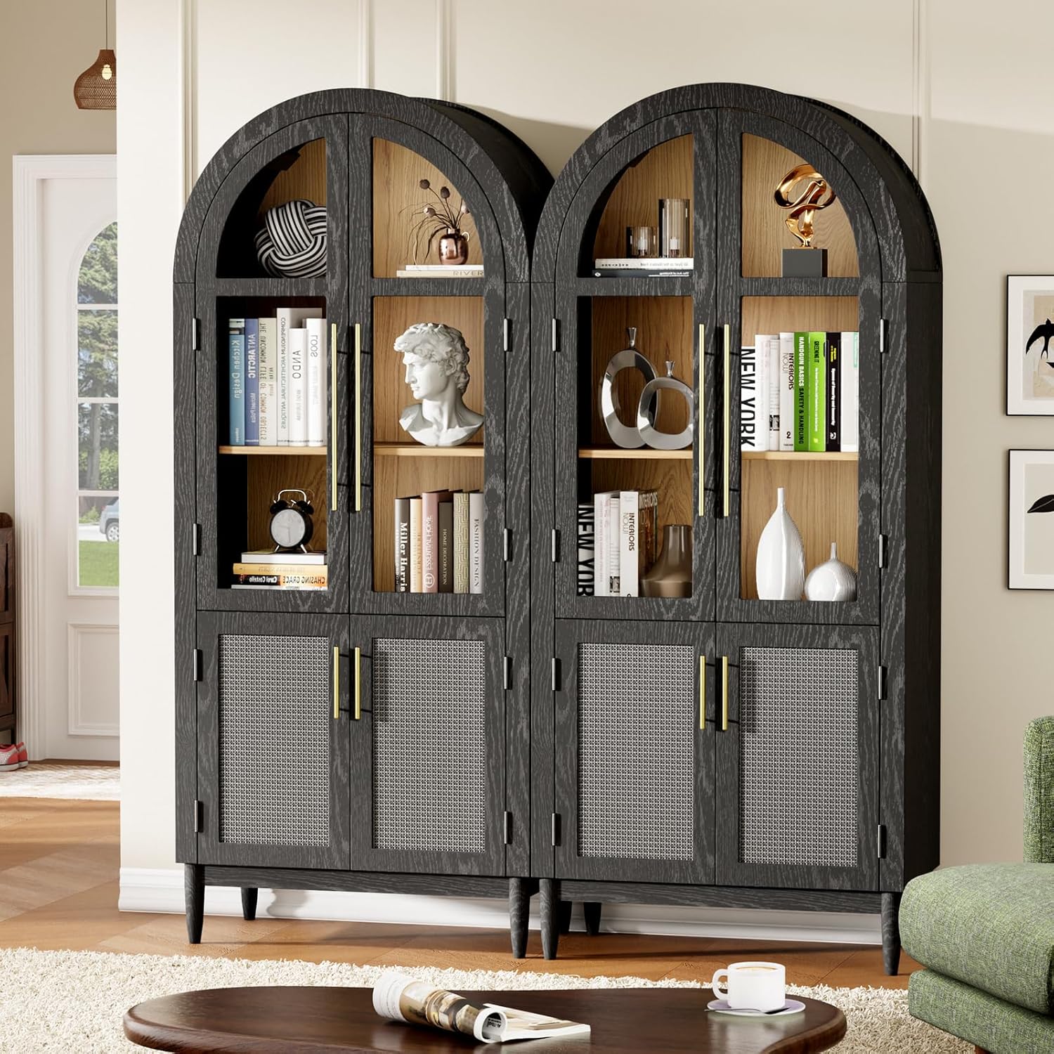 71" Tall Arched Storage Cabinet, Modern Farmhouse Kitchen Pantry Cabinet with Glass Doors, Solid Wood Legs and Storage Shelves for Living Room, Kitchen, Dining Room, Classic Black