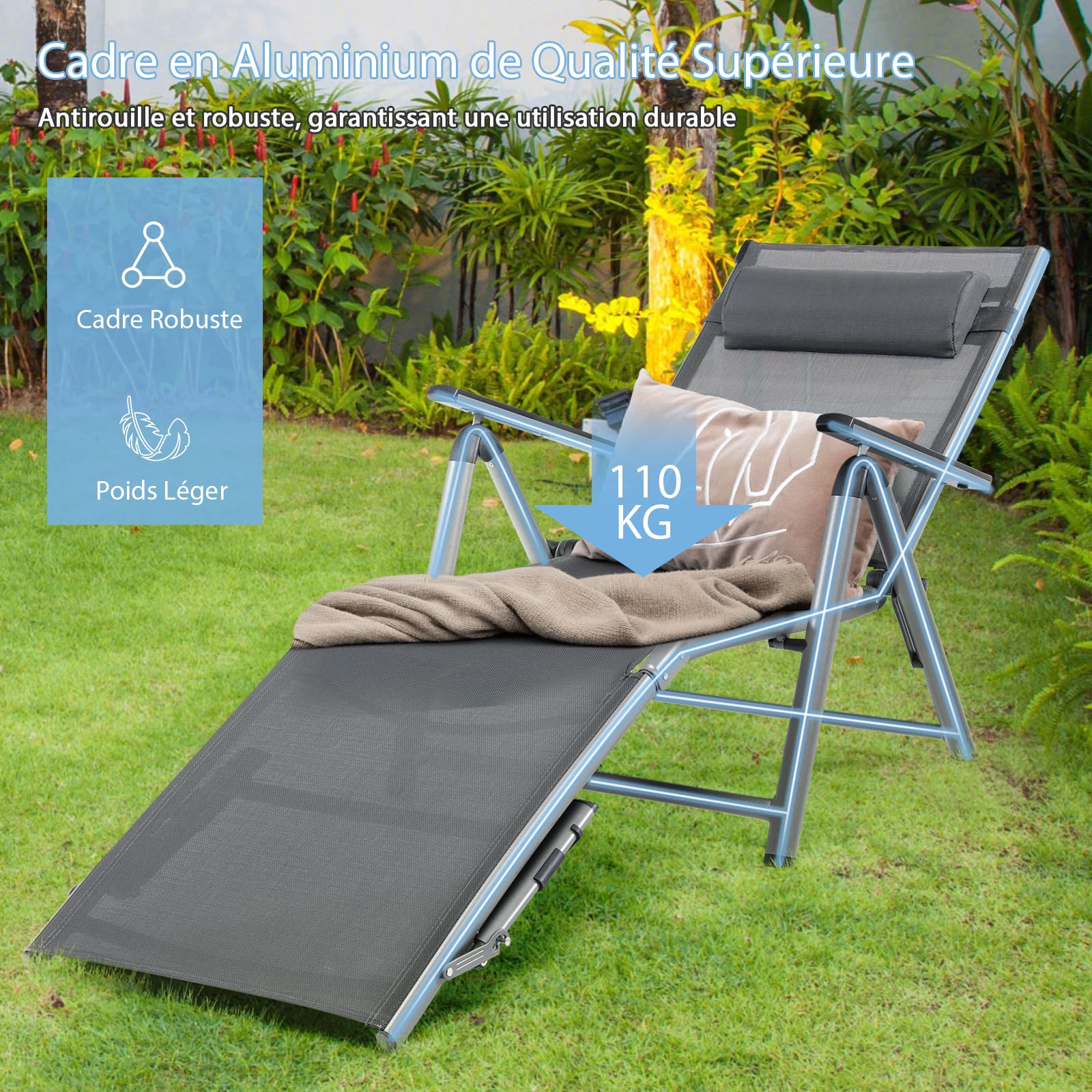 GIANTEX Chaise longue pliable - En aluminium - Avec dossier et repose-pieds réglables - Avec coussin - Chaise longue d'extérieur avec coussin - Chaise longue de voyage - Chaise longue de détente