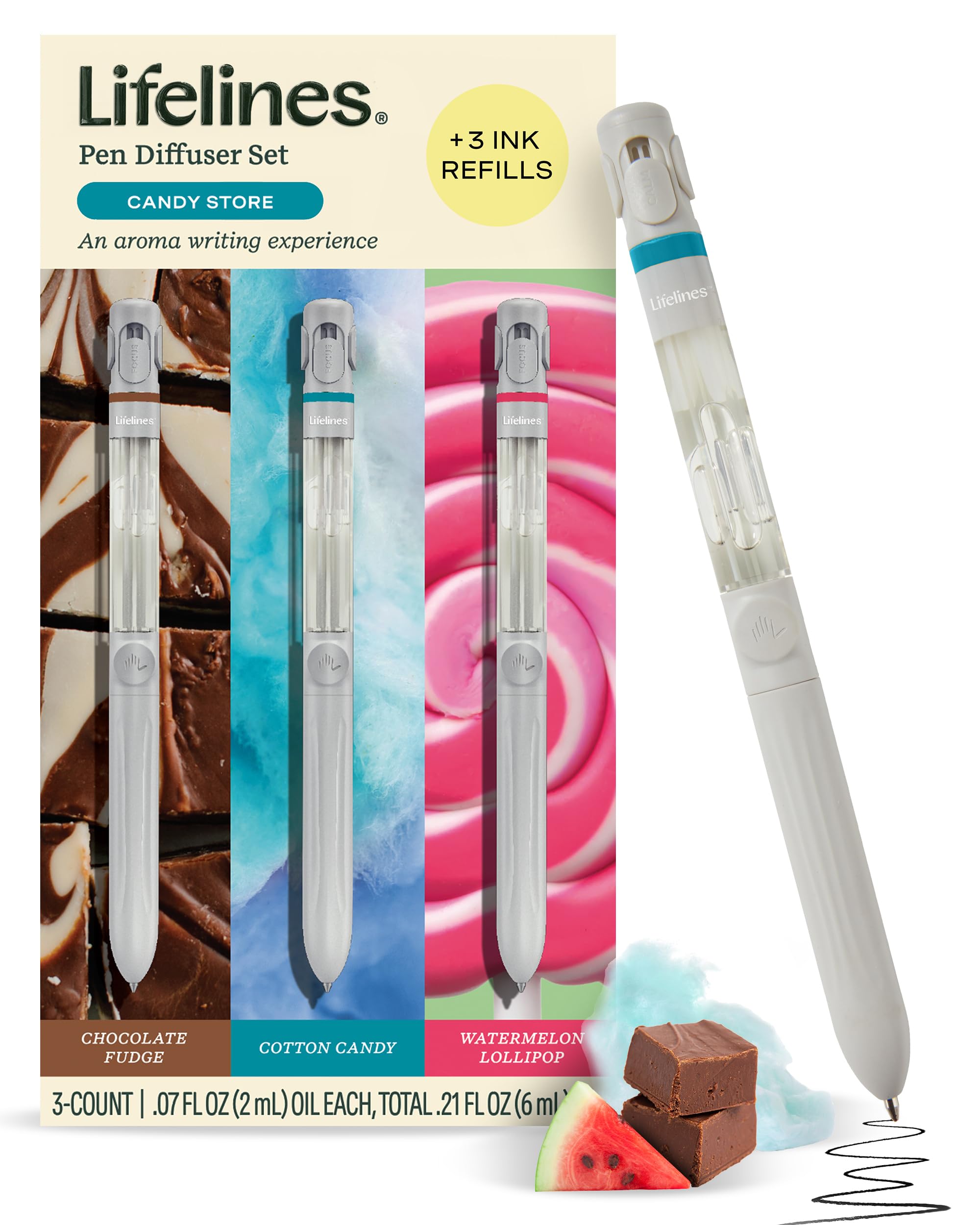 Lifelines Pen Diffuser Set, Candy Store 3-Pack - 1mm Black Ballpoint Pens with Scented Essential Oil Blends – Aromatherapy Diffuser & Sensory Immersion Diffuse Aroma As You Write
