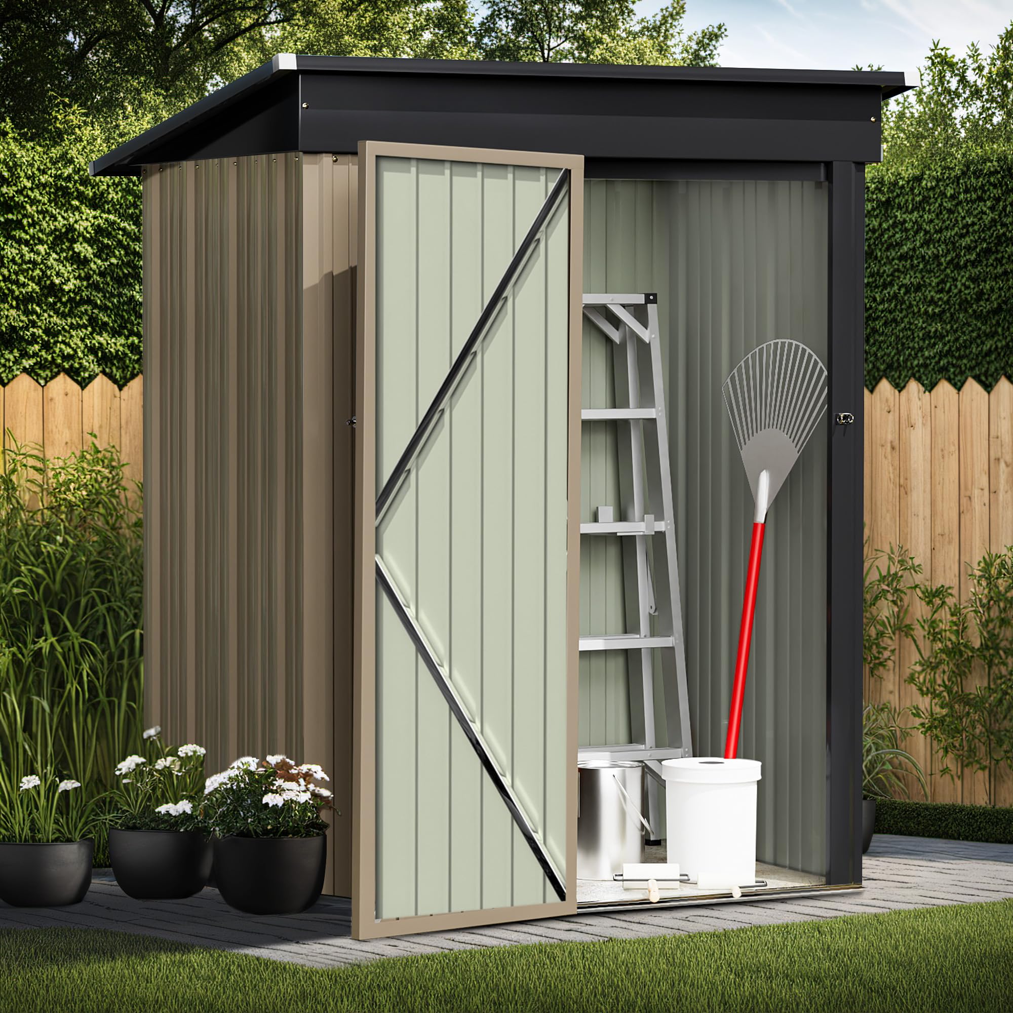 Rankok 5ft x 3ft Outdoor Storage Shed Metal Shed House with Sloping Roof Tool Shed for Courtyard or Garden Storage of Equipment, Supplies, Toys (Brown)