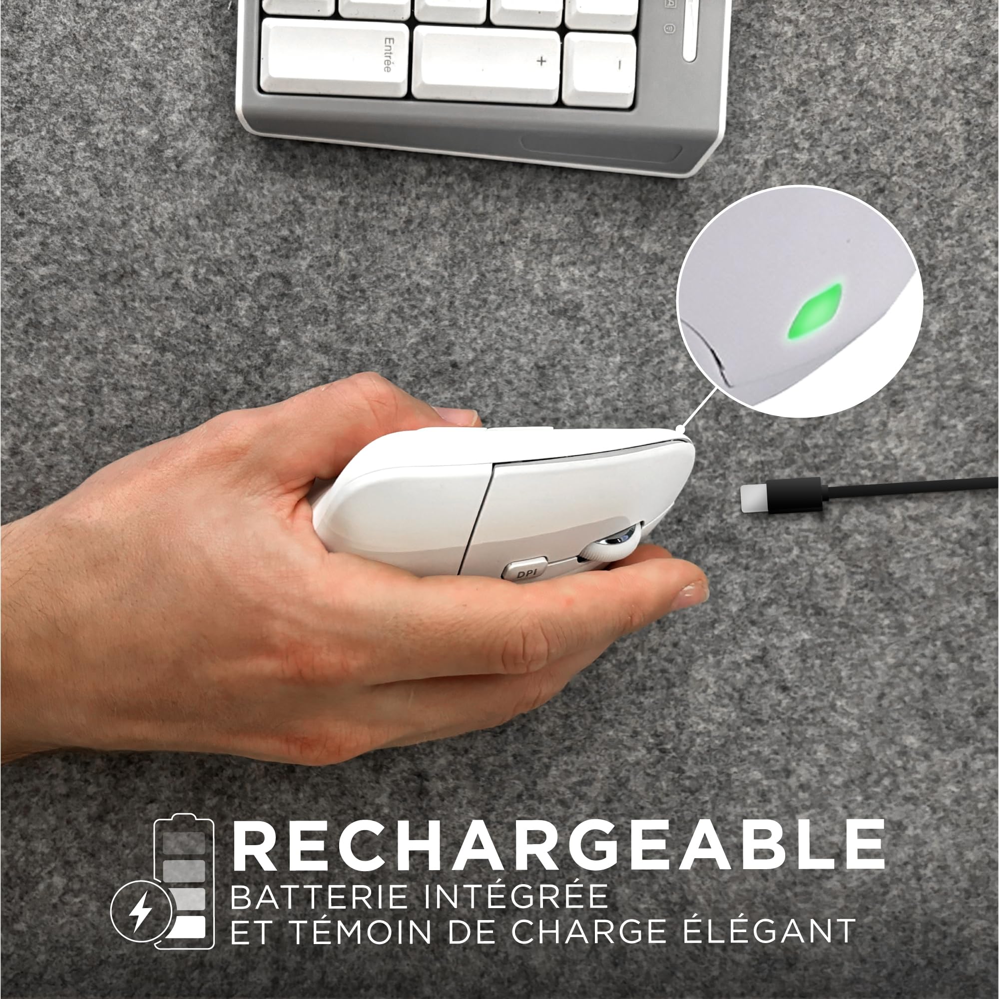T'nB - Ergo Light Souris Ergonomique sans Fil Verticale, Double Connexion Bluetooth Et Dongle 2,4 Ghz, Ultra Légère, Rechargeable, 6 Boutons, DPI Réglable - Blanc