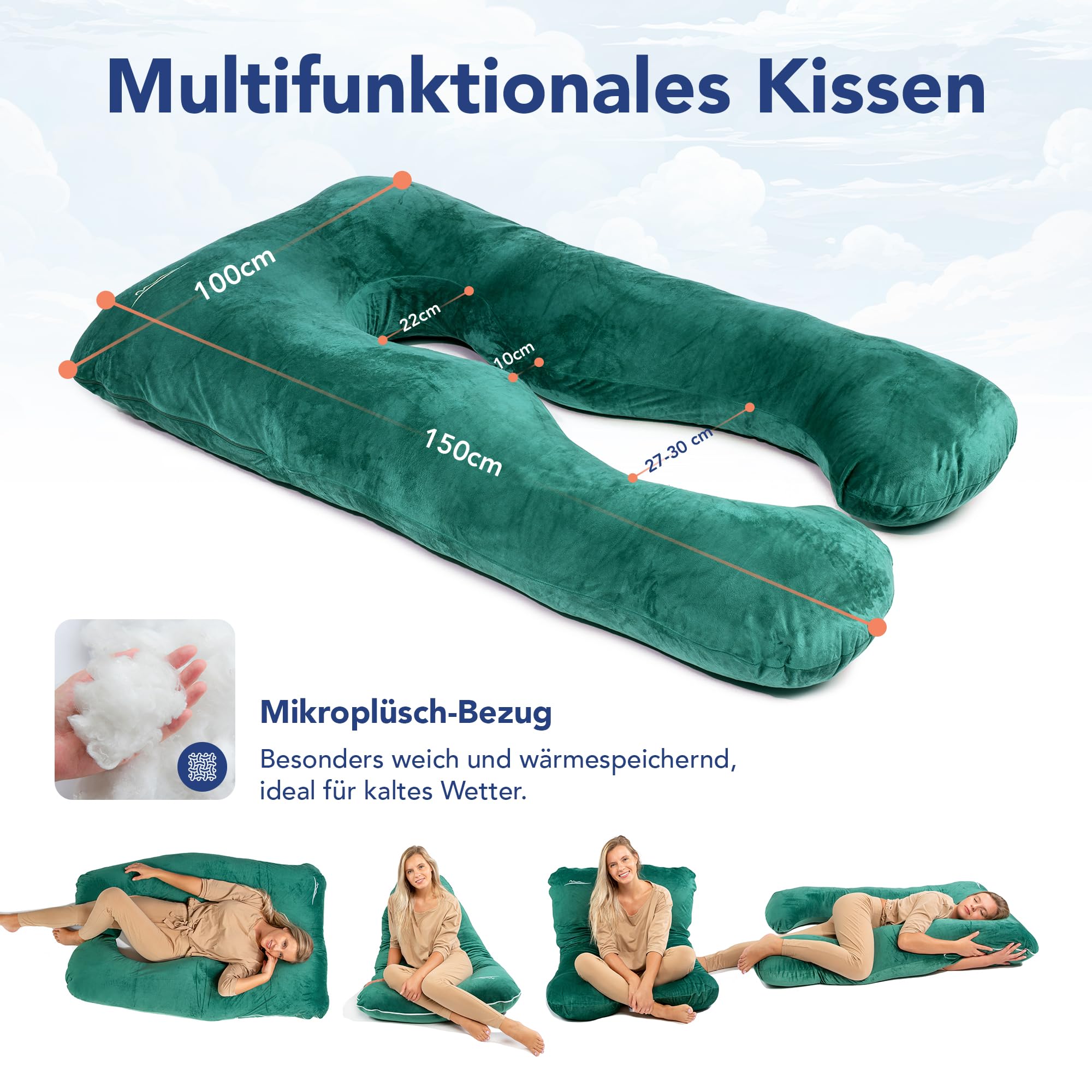 MKS Seitenschläferkissen 100 x 150 cm Ergonomisches Kühlendes Kuschelkissen Mikroplüsch Grün