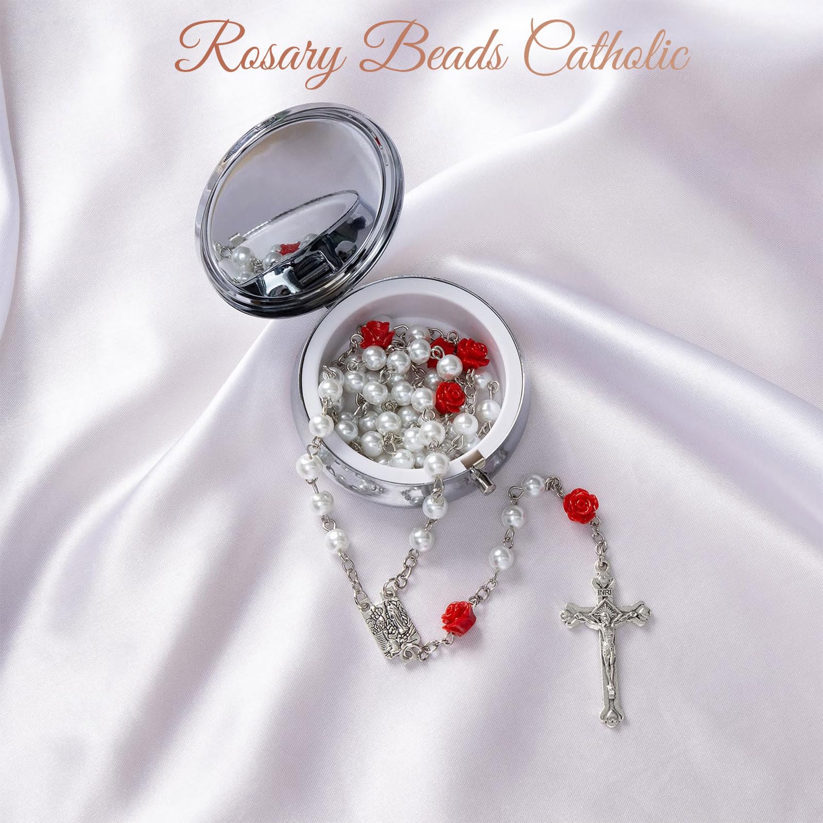 GlamRays Rosariene Pearls Catholic Confirmation Gifts for Teenage Girls Silver Simple Style Metal Gift Box White Imitation Pearl Rosary