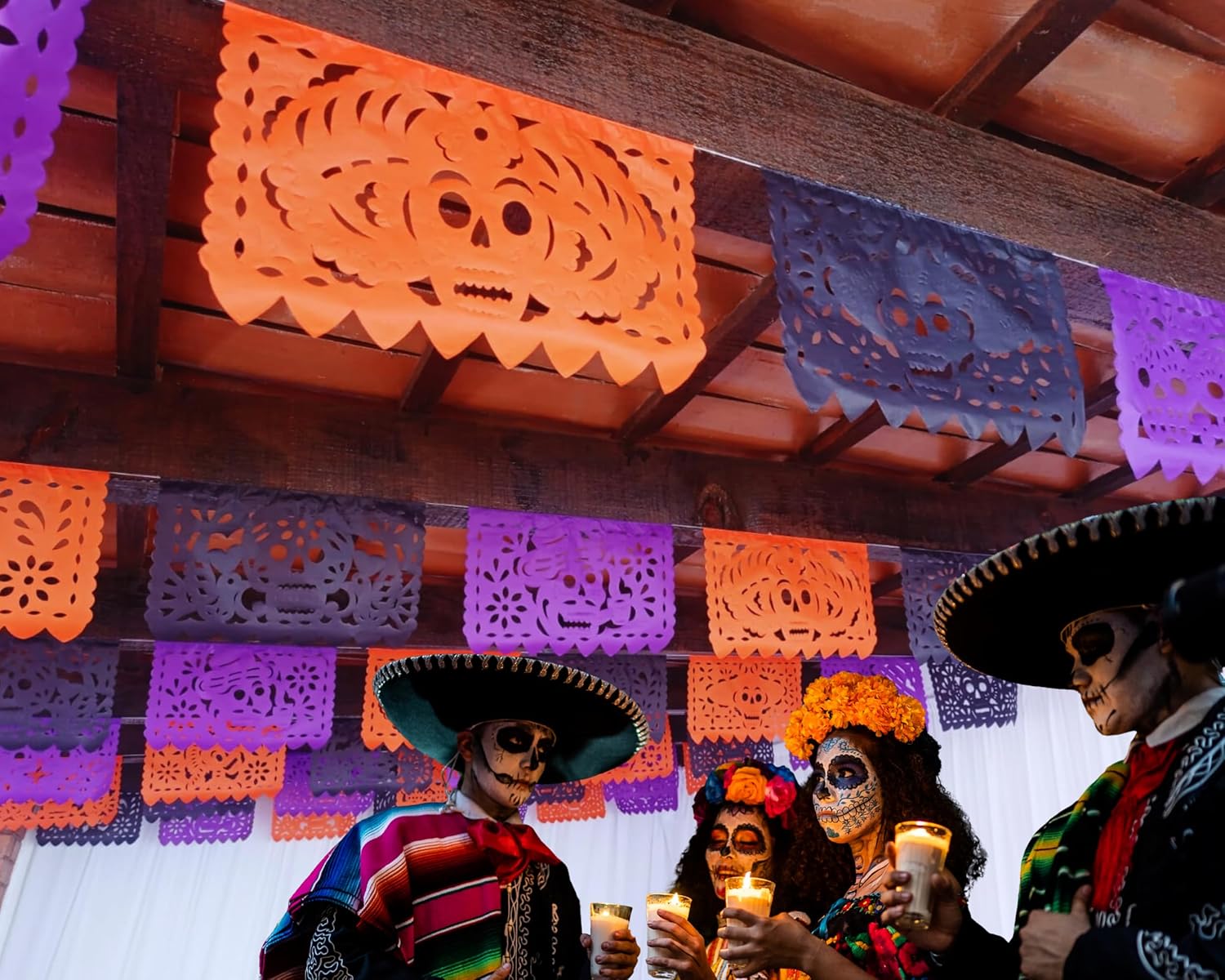 Dia de Muertos Papel Picado in Halloween colors (medium sized), Day of the Dead Decor, Ofrenda Decor for Dia de Los Muertos Black, Orange and Purple