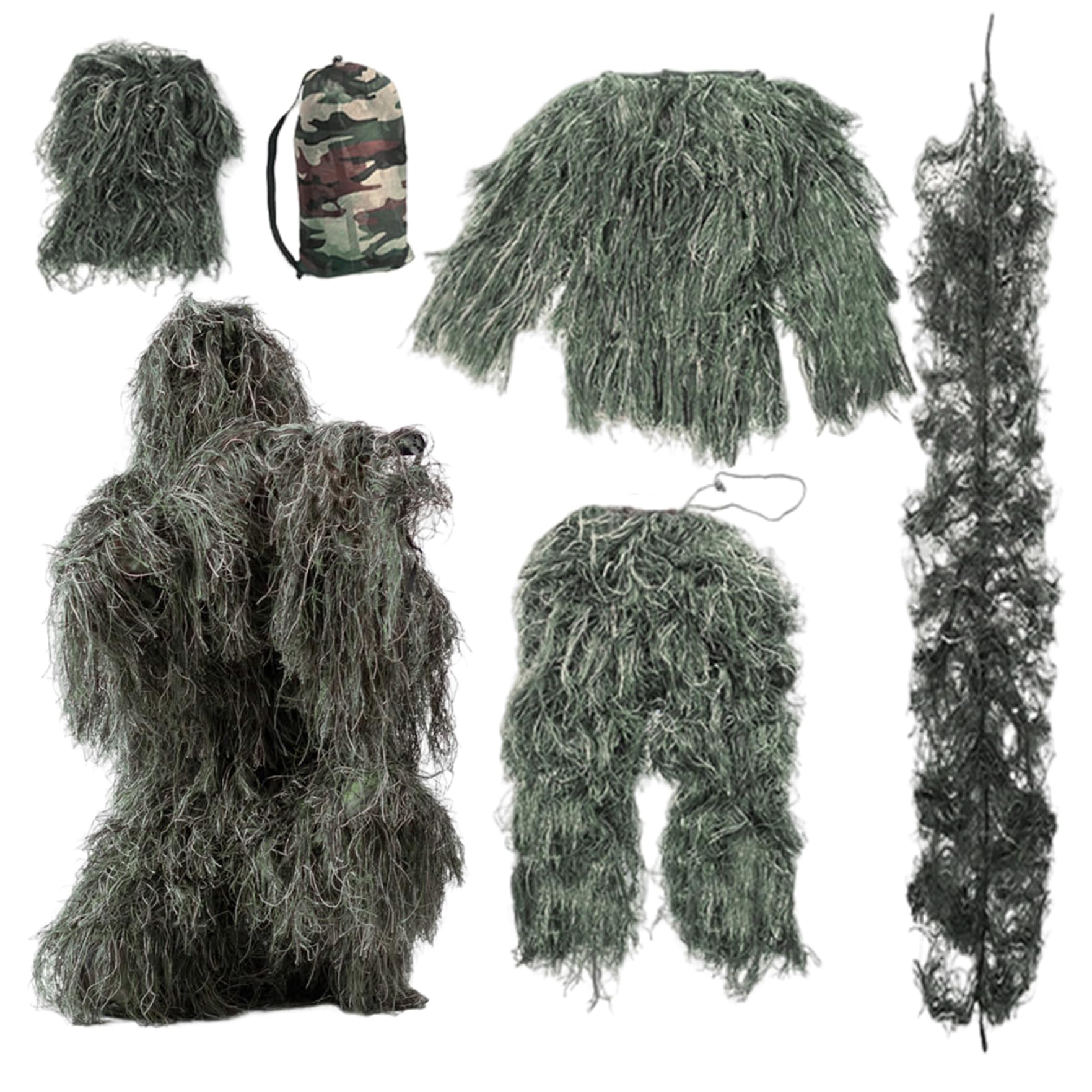 Trrymbbe Ghillie Suit, 5Pcs/Set Lightweight Gorilla Costume, Comfortale Gilly Suit, 3D Camouflage Hunting Apparel, Camo Hunting Clothes, Classic Ghillie for Kids Adults Youth, S Costume