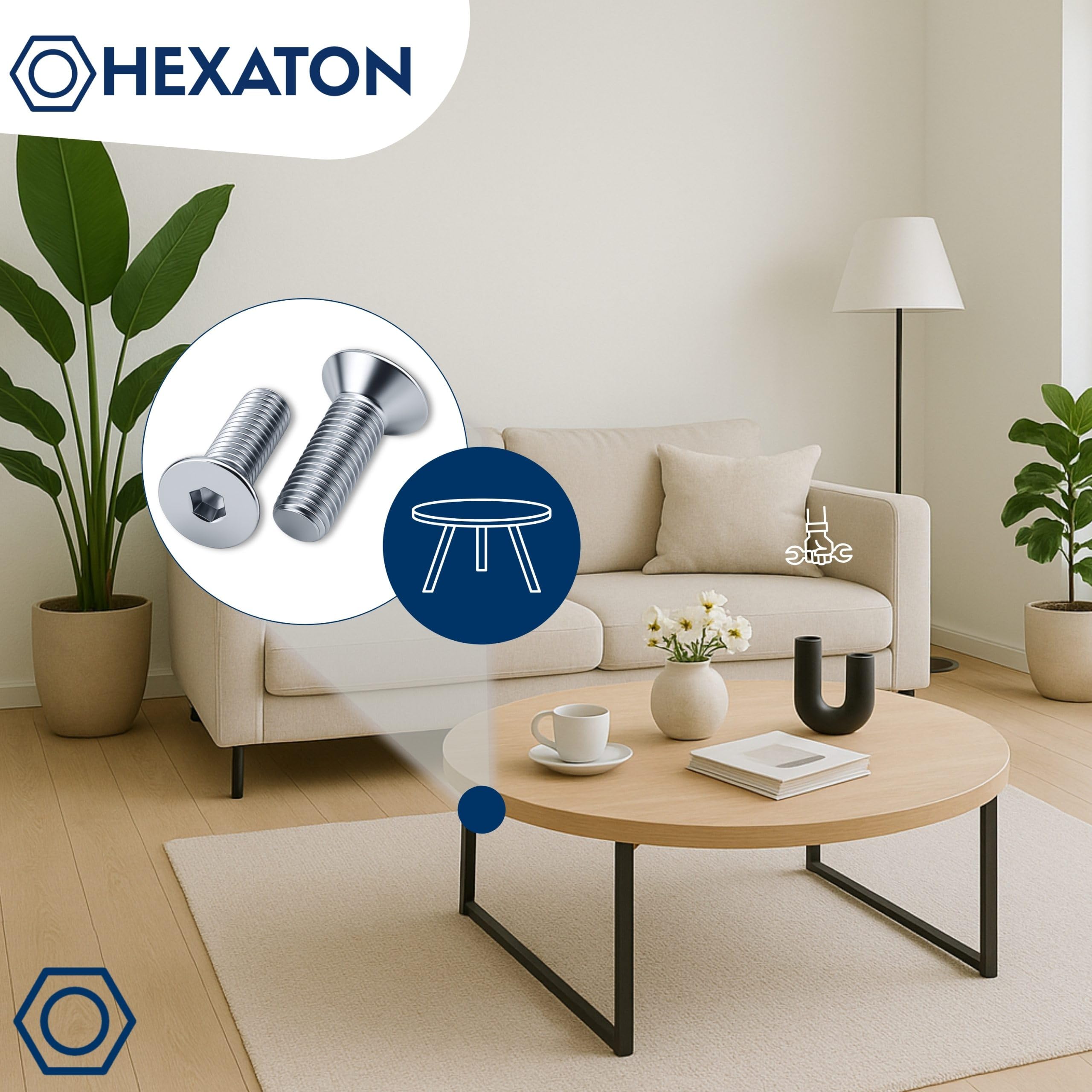 HEXATON Tornillos Avellanados - M6 x 18 mm - 100 Piezas - Cabeza Plana y Hexágono Interior - Rosca Métrica Completa - Acero Galvanizado