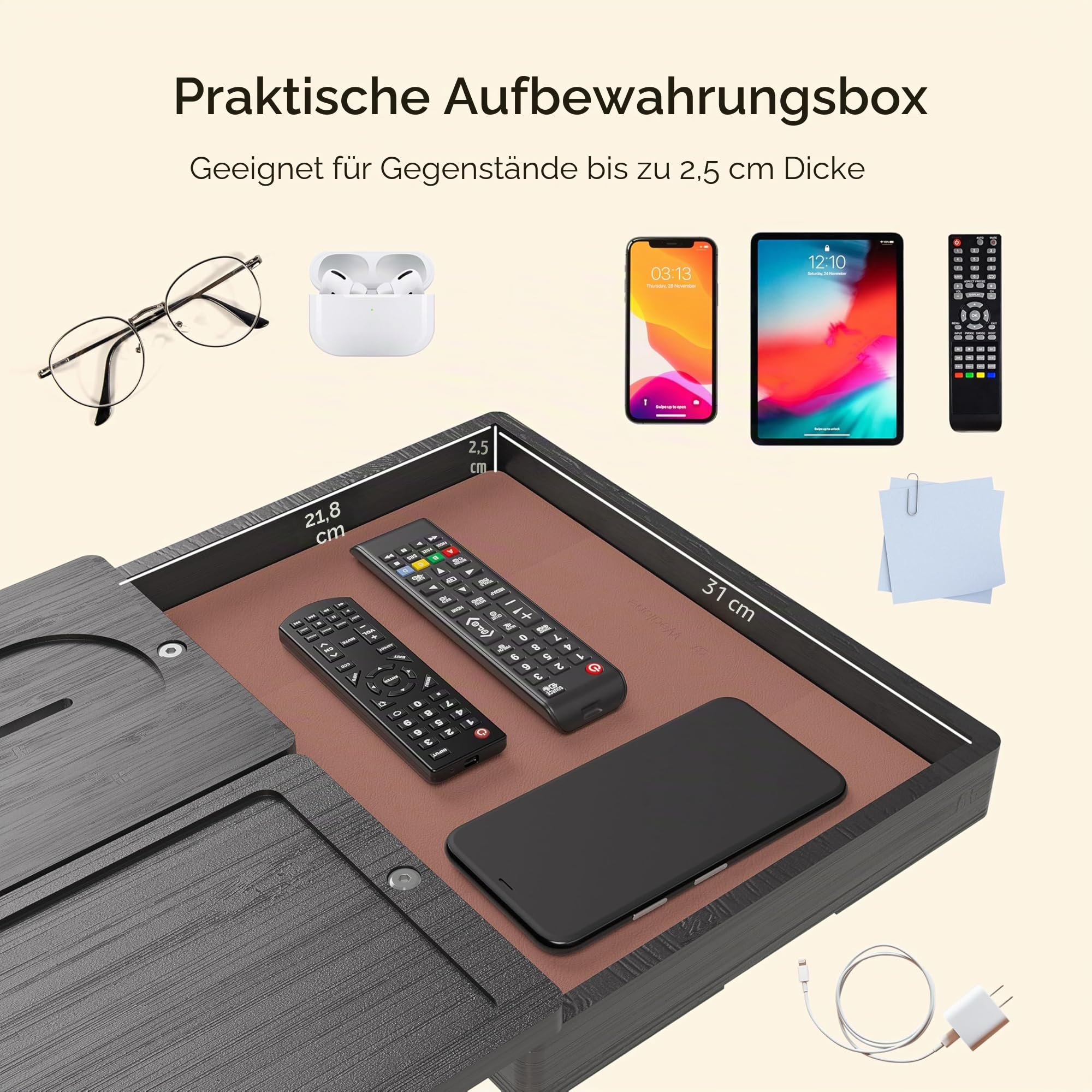 Wealone Couch Arm Tablett mit 2 Drehbarem Tablett, Schwarzer Verstellbarer Sofa Arm Clip Tisch mit Aufbewahrungsbox & 360°Phone Halter, Couch Armlehnentisch für Snacks, Getränke, Essen