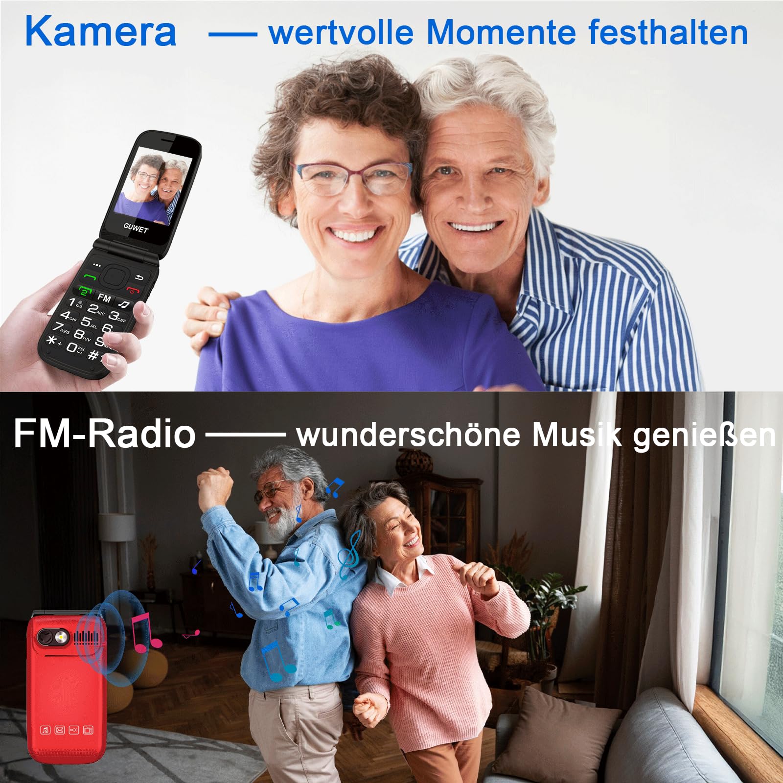 Seniorenhandy Klapphandy ohne Vertrag,Dual SIM 2G GSM mit SOS-Notruftaste,Rentner Handy Großen Tasten mit 1600mAh Akku,USB-C,2.4"+1.77" Dual Display,Rot