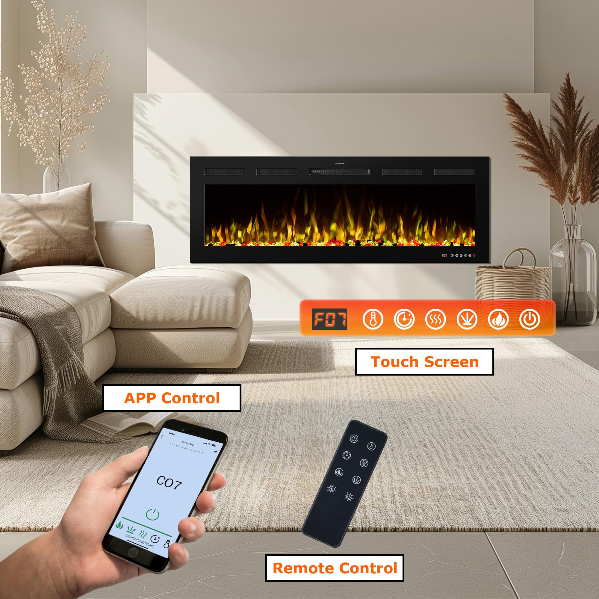 Insertos de chimeneas eléctricas inteligentes de 48 pulgadas, control remoto y pantalla táctil y control por aplicación, calentador de chimenea empotrado y montado en la pared con 5