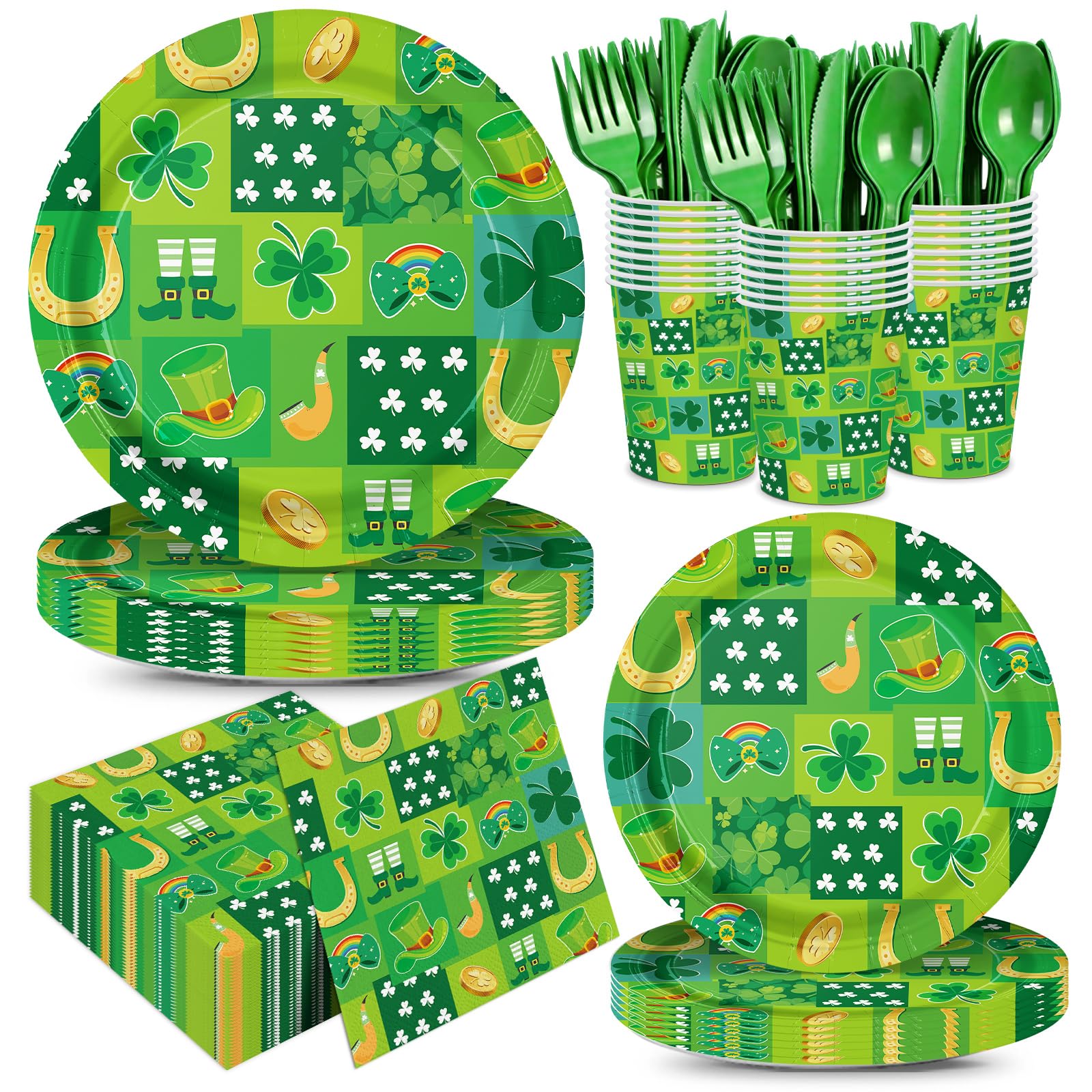 168pcs St Patrick's Day Party Supplies Include Green Shamrock Paper Plates Napkins Cups Forks for Irish St Patricks Day Decorations Disposable Party Tableware Set Serve 24 Guests