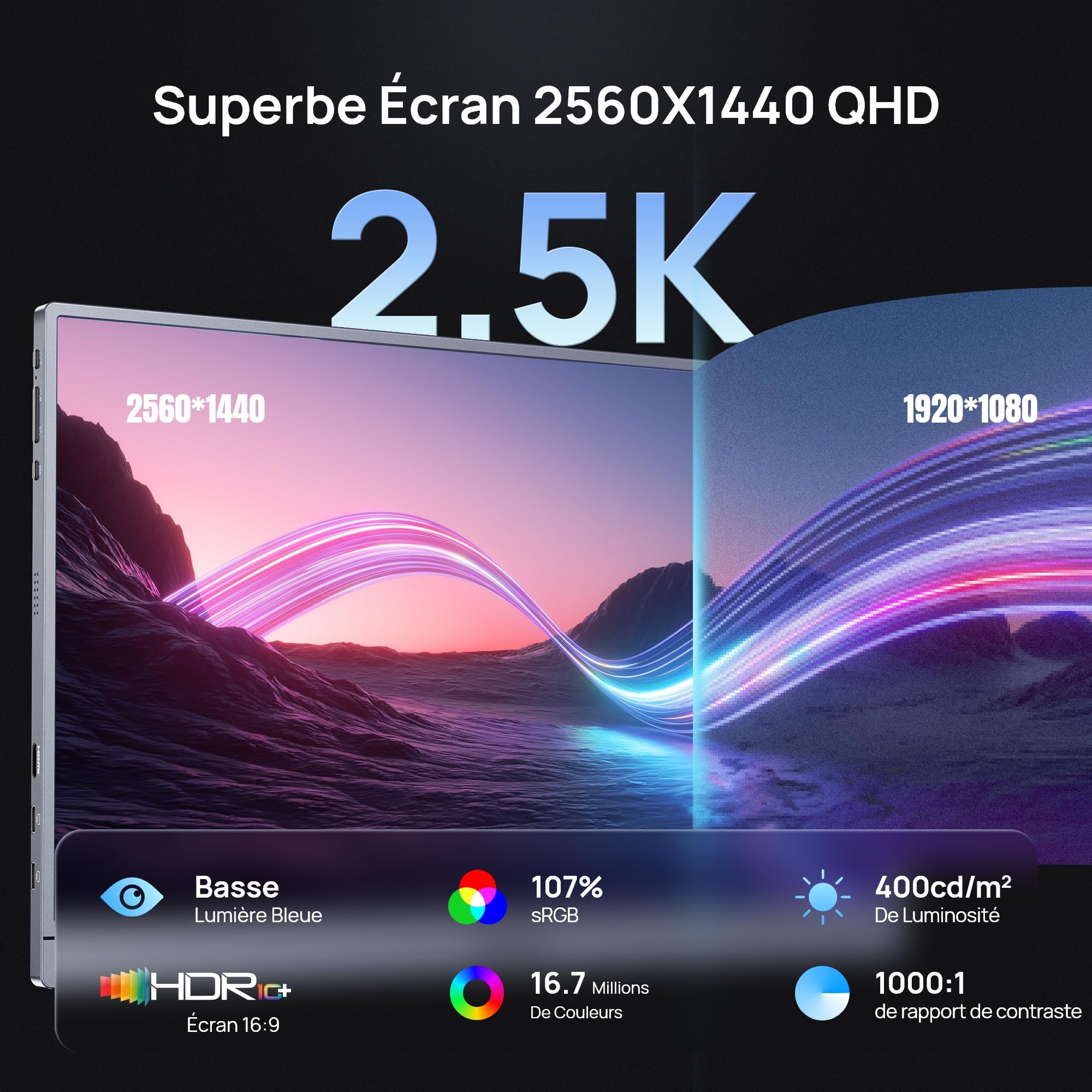 ARZOPA Moniteur Portable 16,1" 2,5K 180 Hz Écran Portable Gaming QHD 2560×1440 107% sRGB HDR10,Design Mince, Compatible PS5, Xbox, Switch, PC, Mac - Z3FC Gris