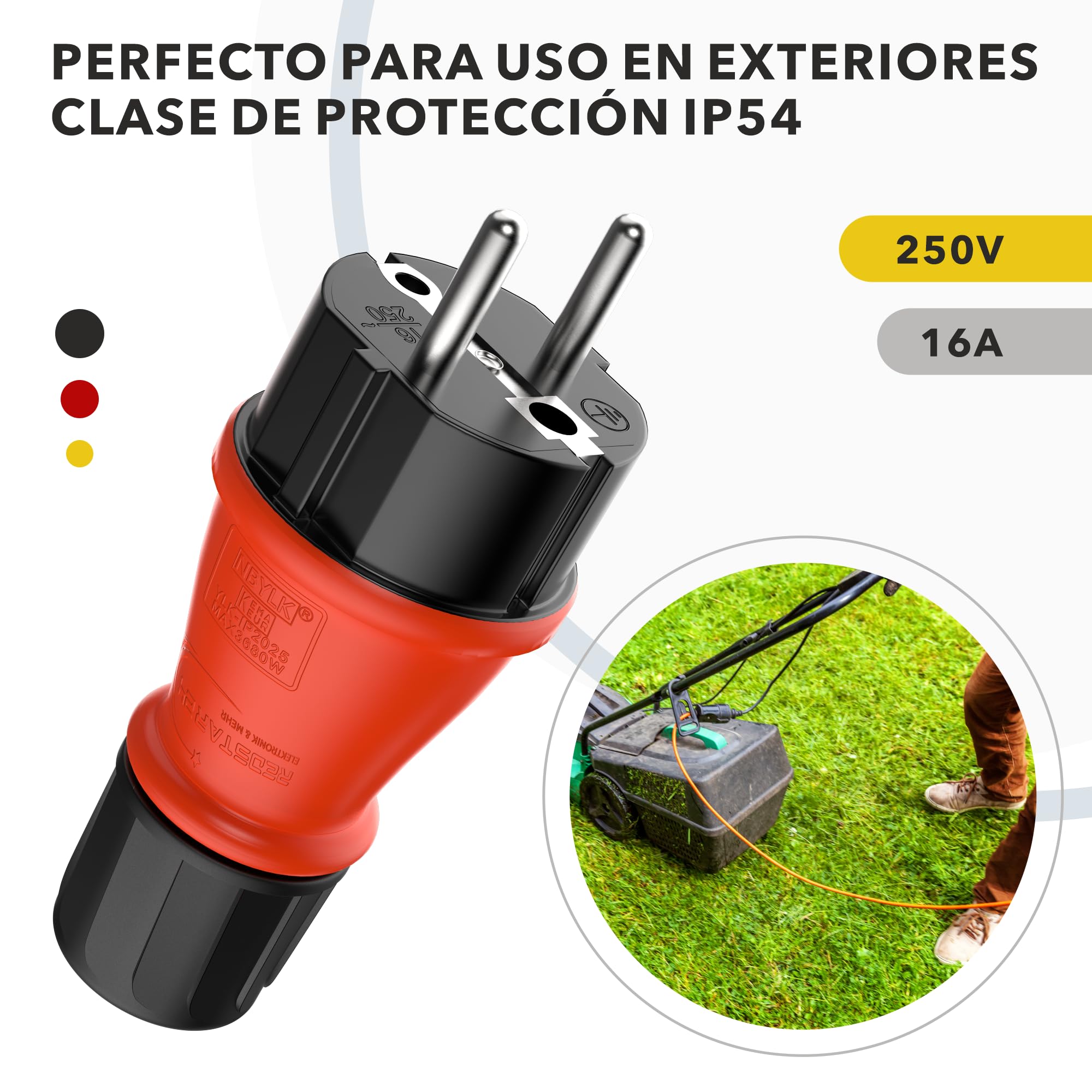 RedStar24 Enchufe Schuko 230V IP54 Set de 4 Conectores de protección robustos de goma y plástico, negro rojo | Diseño herméticamente sellado | Perfecto para exteriores | Conector eléctrico de 3 polos