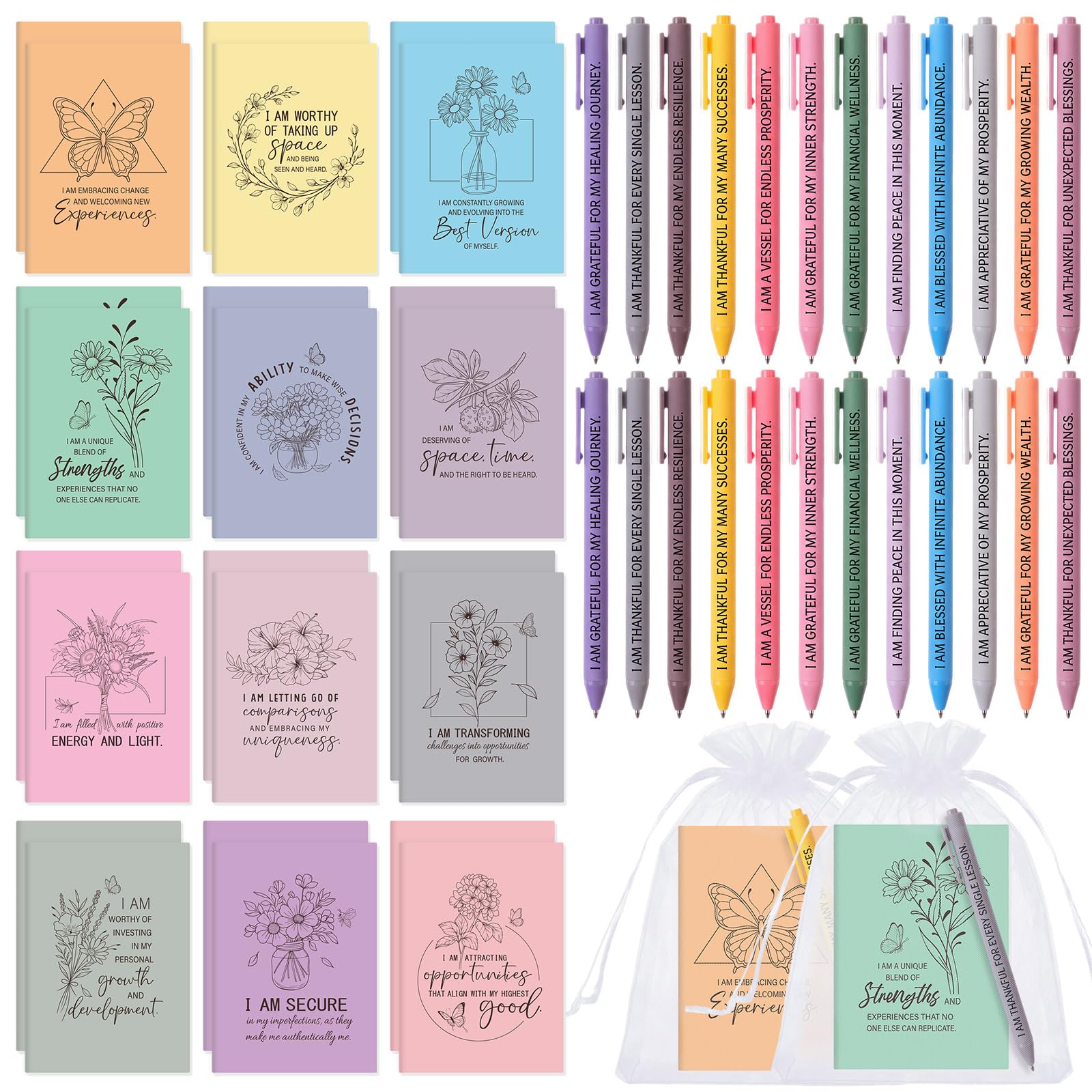 Mooliwe 48 Pcs Affirmation Notebooks Pens Bulk Gifts, Gratitude,Pastel