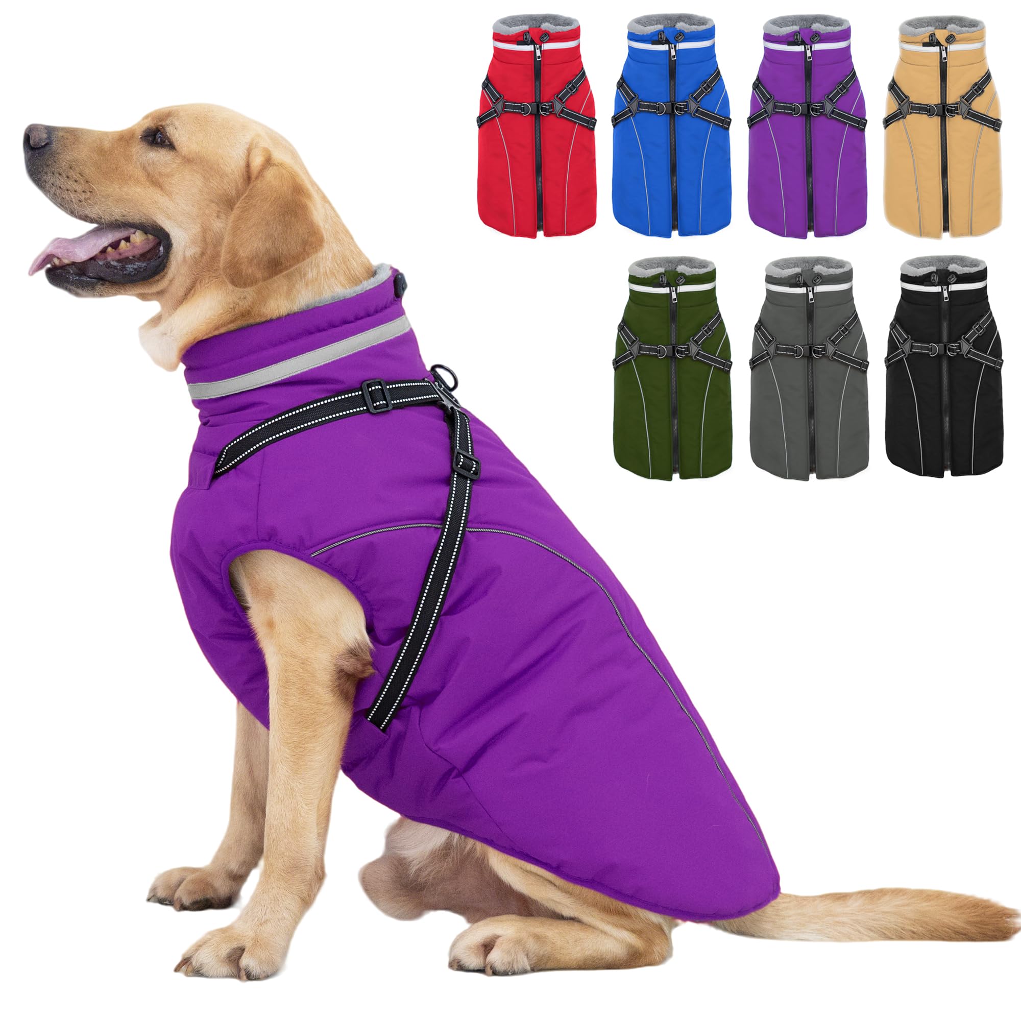 Fragralley Abrigo impermeable para perro con arnés integrado, chaqueta acolchada cálida con forro polar, parka reflectante ajustable resistente al viento para perros pequeños, medianos y grandes