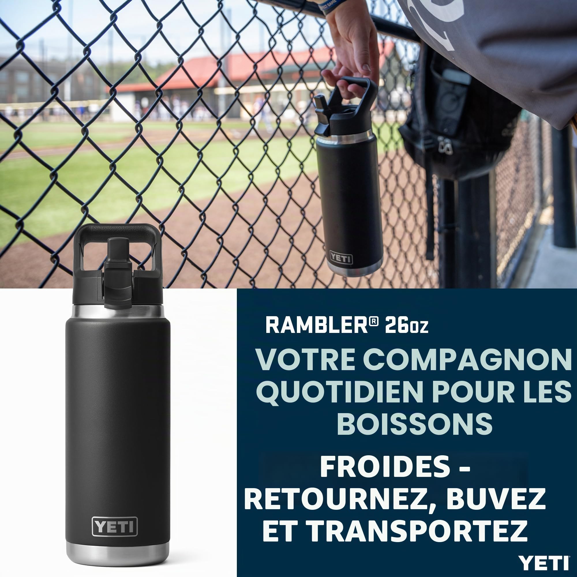 YETI Rambler Straw Bottle, Stainless Steel Vacuum Insulated Bottle with Straw Cap, Black, 26 oz (769 ml)
