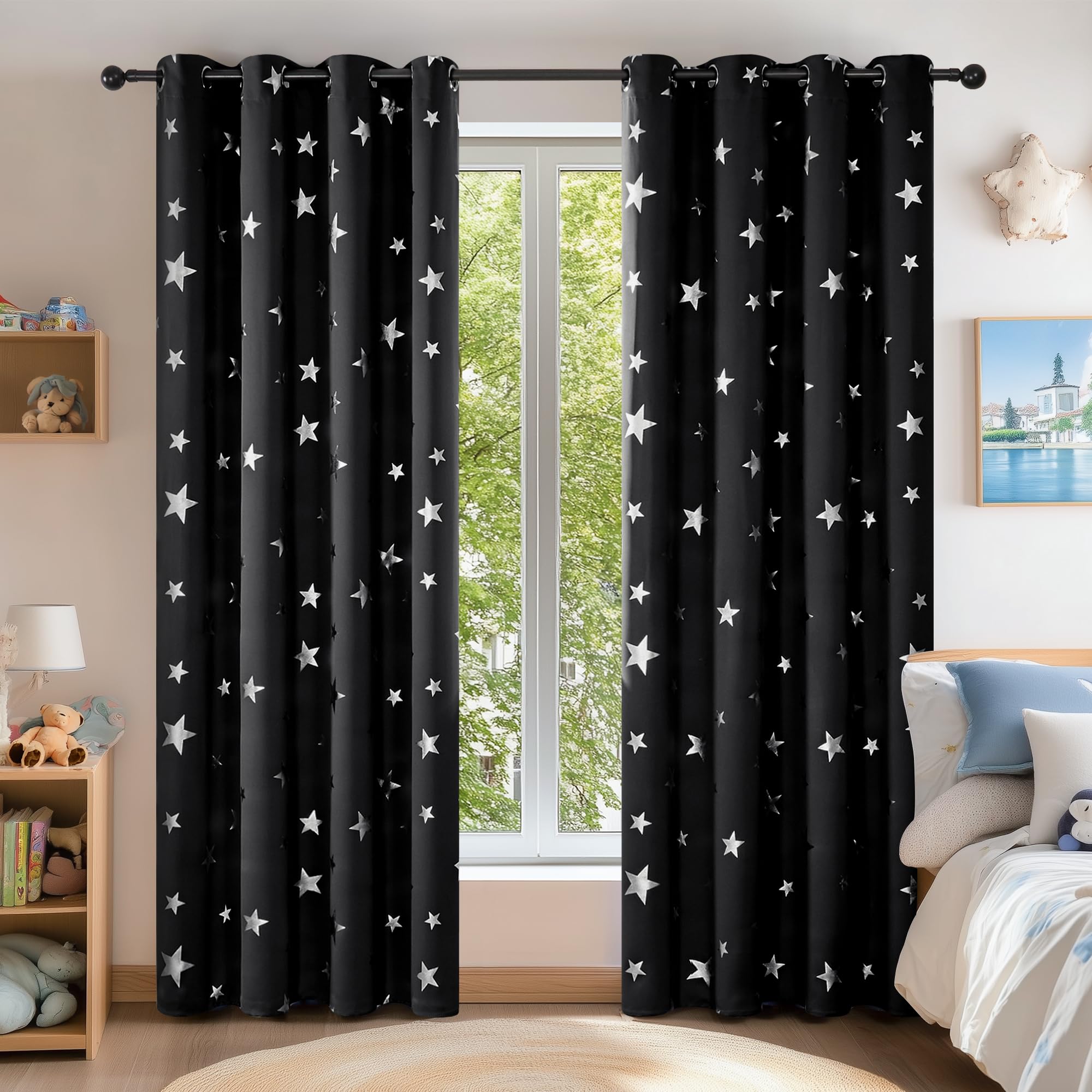 Deconovo Black Curtains Stars Foil Printed Thermal Insulated Curtains Eyelet Blackout Curtains for Bedroom 46 x 54 Inch Black 1 Pair