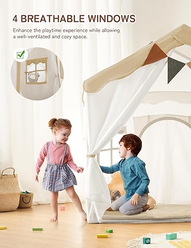 Miniatura 16 de Besrey Tienda de campaña para niños 2 en 1 con alfombrilla acolchada y luces, casa de juegos grande para niños con 2 puertas y 4 ventanas