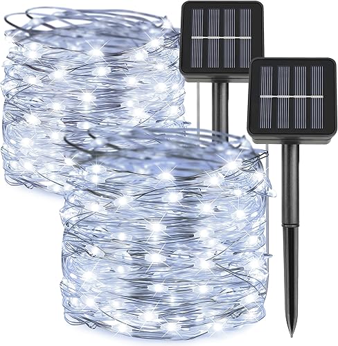 kemooie Paquete de 2 tiras de luces solares, 200 luces LED en total de 66 pies, 8 modos de parpadeo, luces de hadas blancas alimentadas por energía