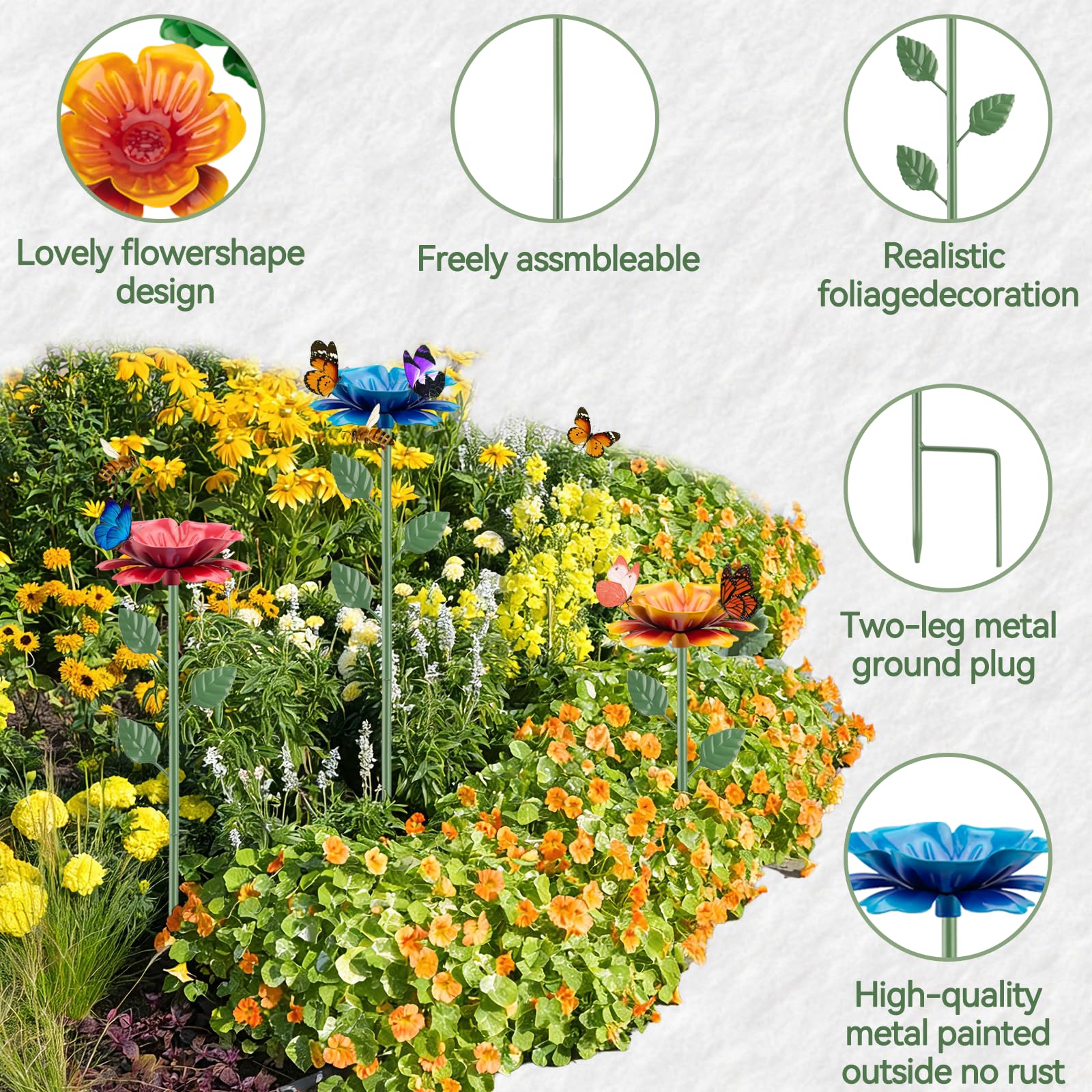 4PCS Bee Watering Station, Bee Feeder for Garden Metal Butterfly Water Feeder Colorful Flower Design Bath Bowl with Glass Beads for Pollinators Outdoor Garden Yard - 5