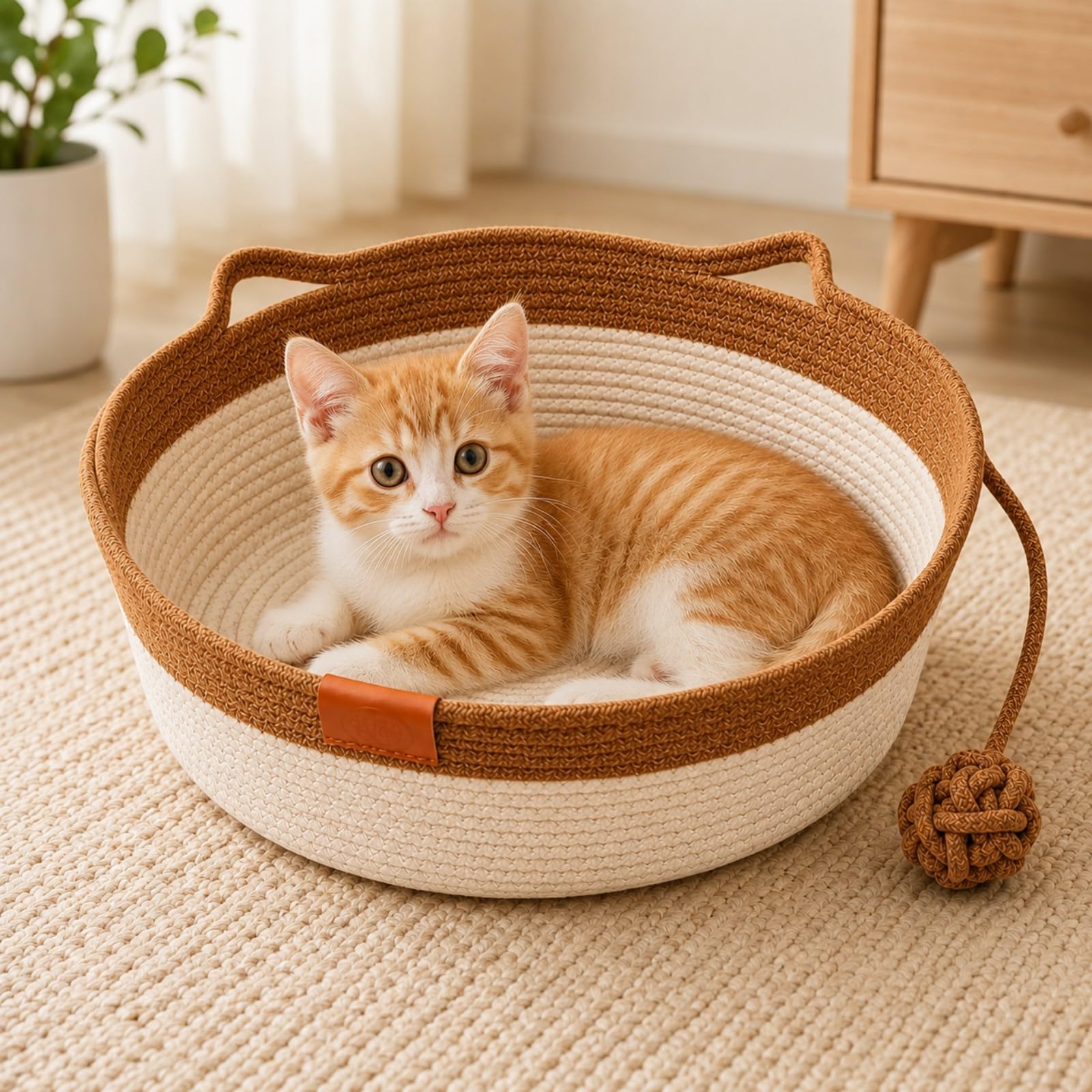 Handwoven Cat Basket with Hanging Ball Toy, Cotton Rope Cat Bed for Indoor Cats and Kittens, Cosy Round Cat Nest, Breathable Foldable Pet Bed Basket with Cat Ear Design for Small Cats (Brown,L)