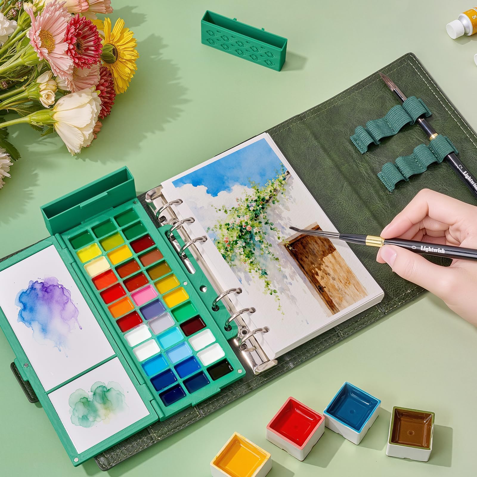 LIGHTWISH Carnet de croquis aquarelle – Classeur à anneaux 17 × 10 cm avec 20 feuilles 100 % coton (pressé à froid), palette en céramique 36 cavités et 2 pinceaux à eau – Pour peinture extérieure et