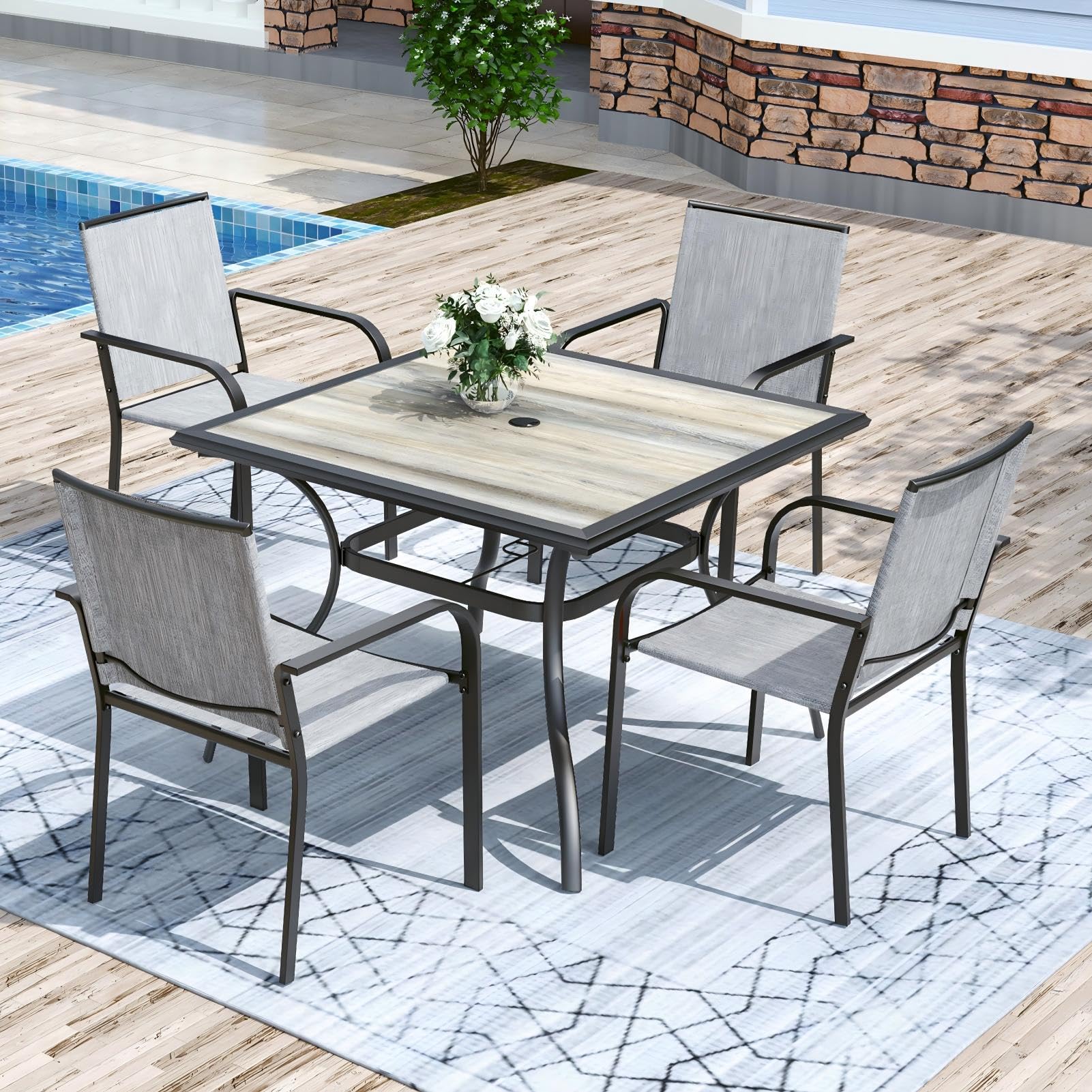 Anmutig 5-Piece Outdoor Dining Set, 37" Square Patio Table 4 Chairs, Gray