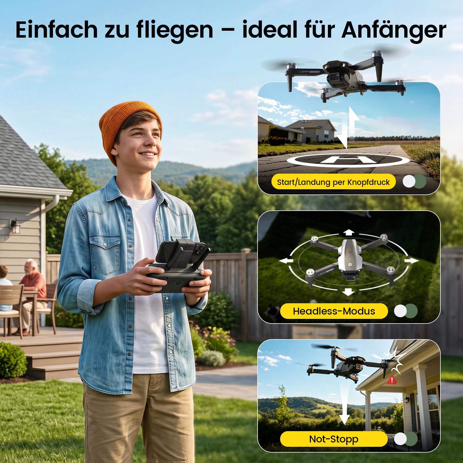 Holy Stone HS200P Drohne mit Kamera 1080P für Anfänger&Kinder | 2 Akkus, 360° Flip, Headless Mode, Höhenhaltung, 3 Geschwindigkeitsstufen, Not-Stopp-Funktion