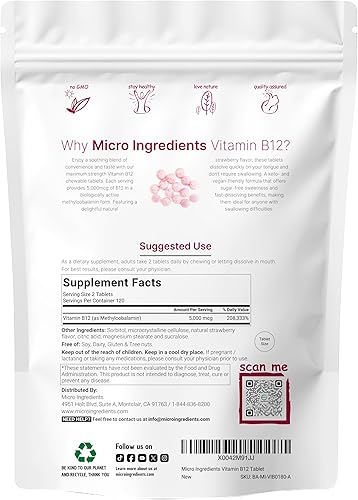 Miniatura 2 de Vitamina B12 sublingual 5000 mcg | Forma activa metil B12 - 180 tabletas masticables | Disolución rápida, sabor natural a fresa, apoyo a la energía,