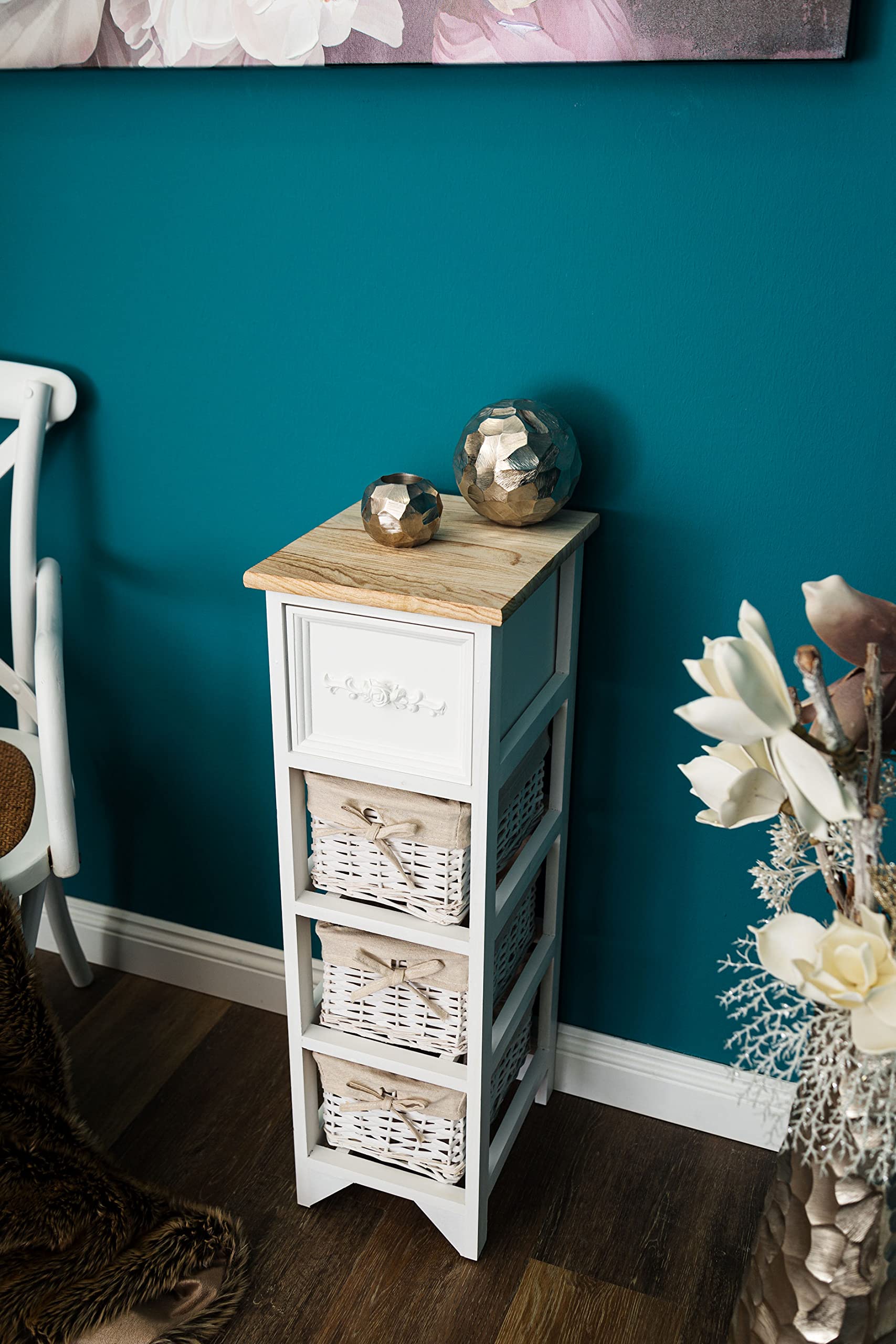Commode Vintage en Bois Blanc avec 3 paniers en rotin - 80 x 32 cm - Étagère sur Pied avec tiroir de Style Maison de Campagne - Étagère Autonome pour Salle de Bain, Salon, véranda