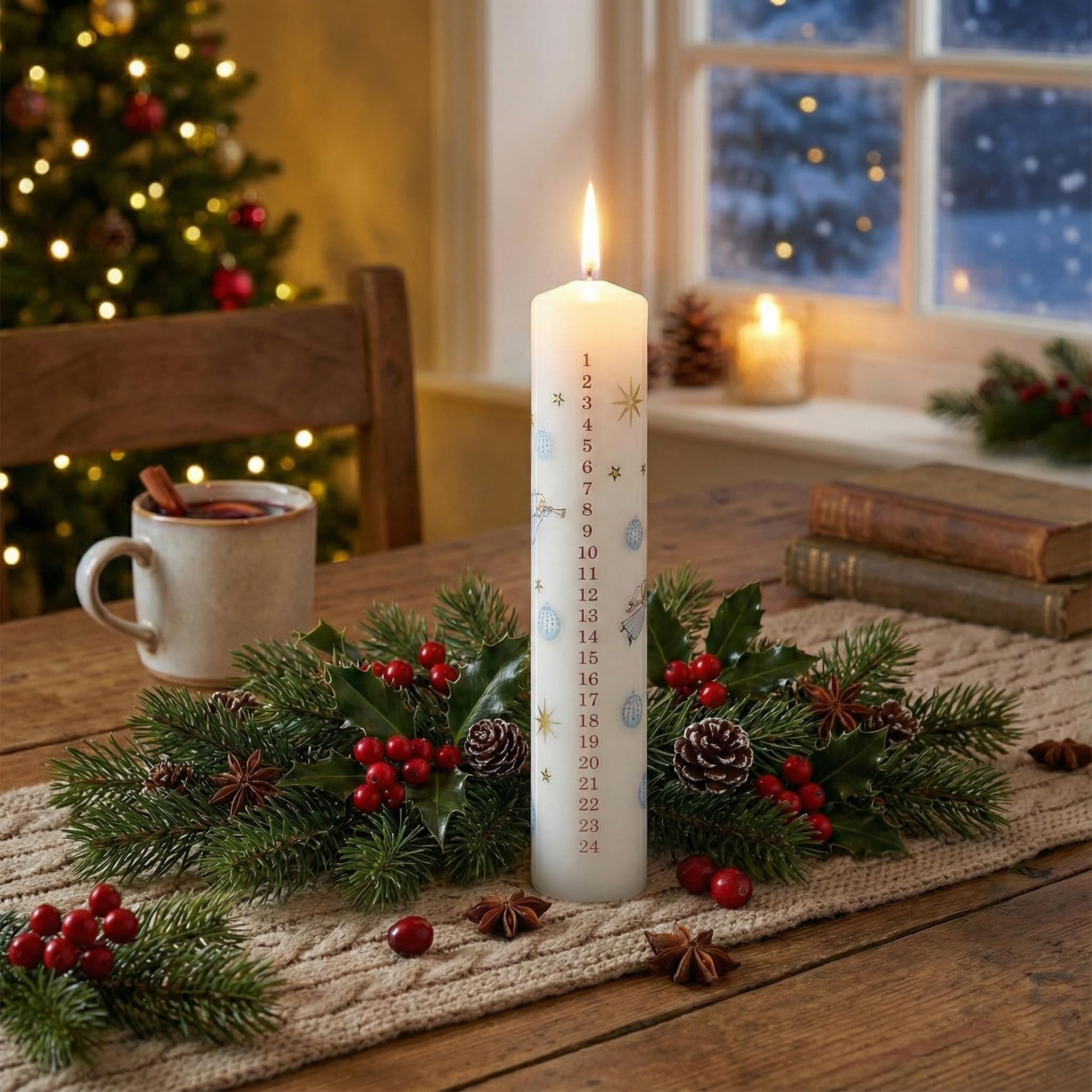 White Angel and Stars Advent Pillar Candle 6 – Christmas Countdown Candle, 70hr Burn, Festive Candle for Table, Mantelpiece & Seasonal Décor