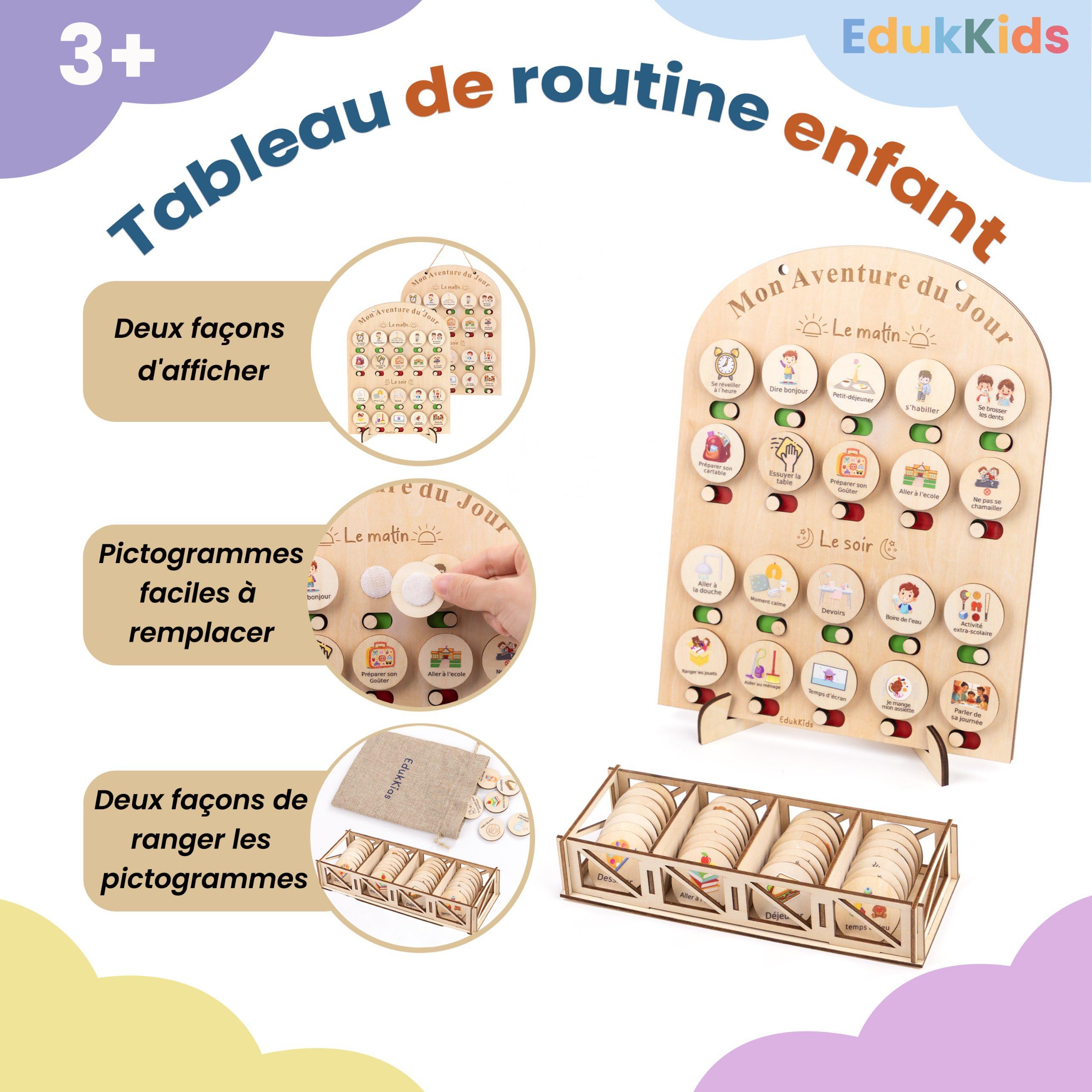 Tableau tâches quotidiennes enfant en bois– Planning Journalier Montessori avec 50 tâches et Pictogrammes Organisateur visuel éducatif - Aide à l'organisation et à l' autonomie de ton enfant