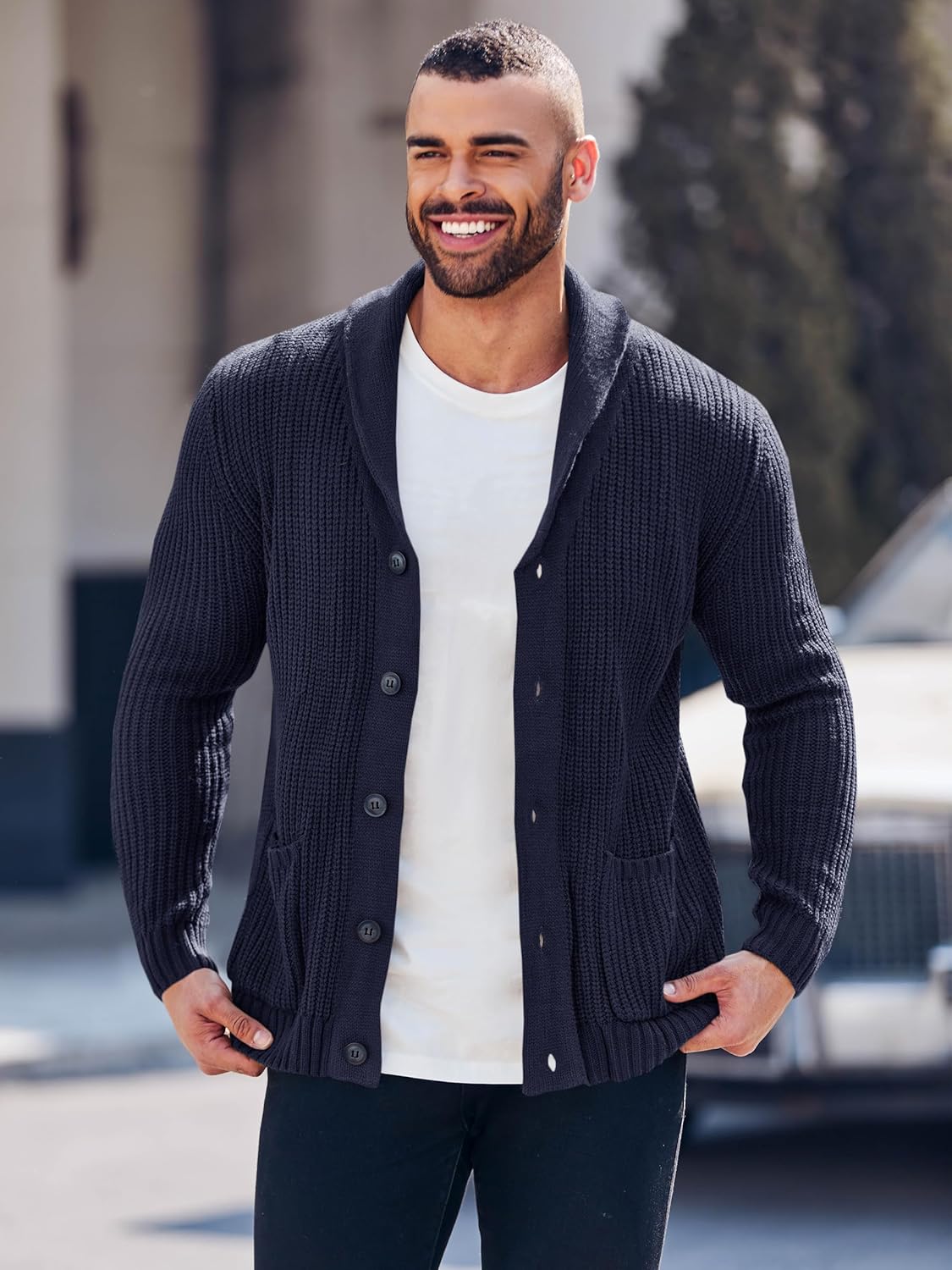 Runcati Men's Shawl Collar Cardigan Sweater Multi-Color Button Down Knitted Sweaters with Pockets - Image 2