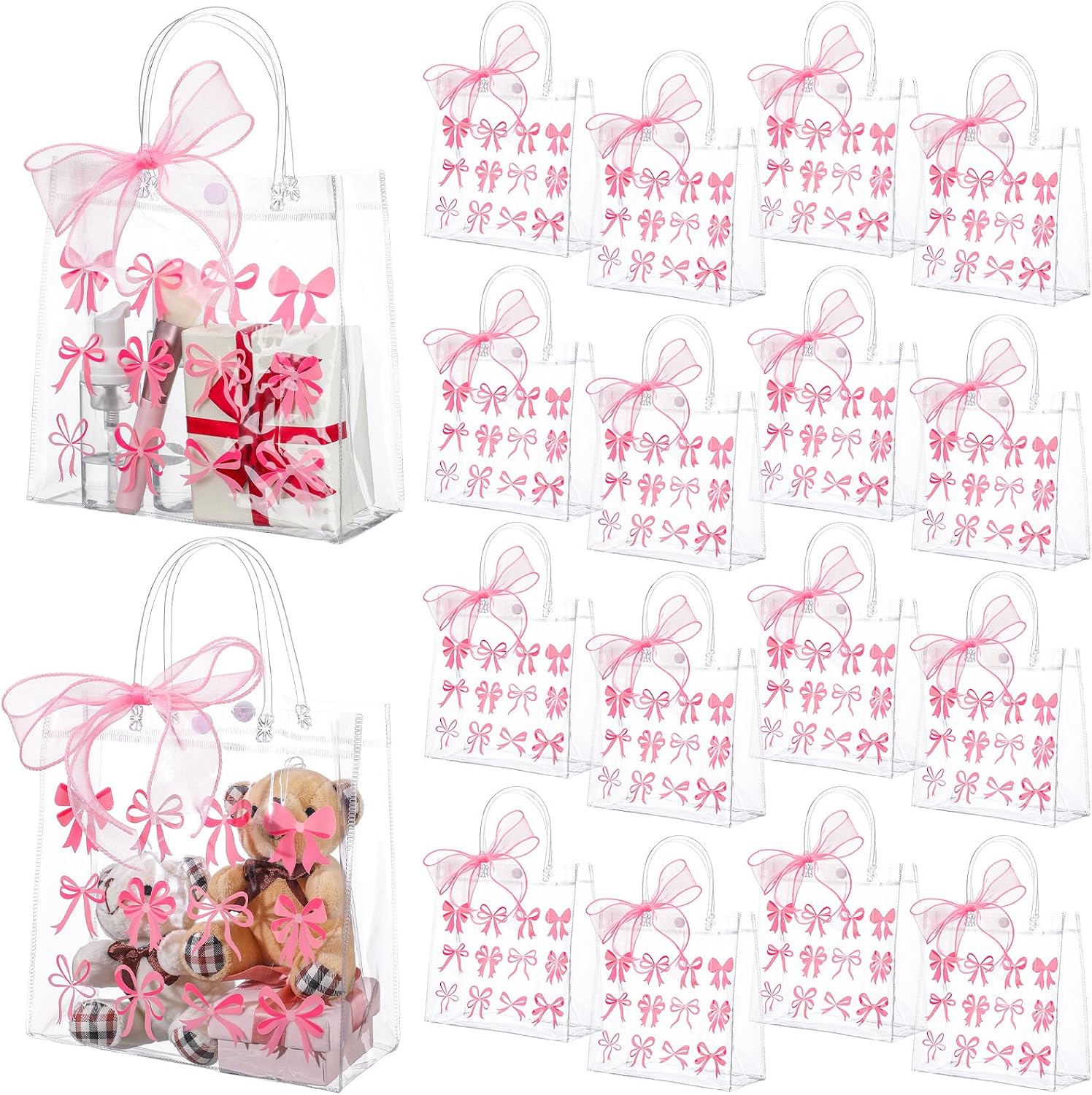Amazon.com: Kolldenn 24 Pcs Pink Bow Clear PVC Gift Bags with Handle ...