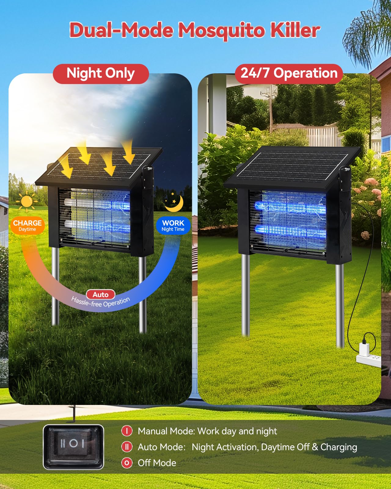 LANGY Exterminador solar de insectos de 10 W para exteriores, 4500 V, para exteriores, impermeable, con UV 365 nm, batería de 5 Ah, cable de 16.4 pies y cepillo, trampa inalámbrica recargable para