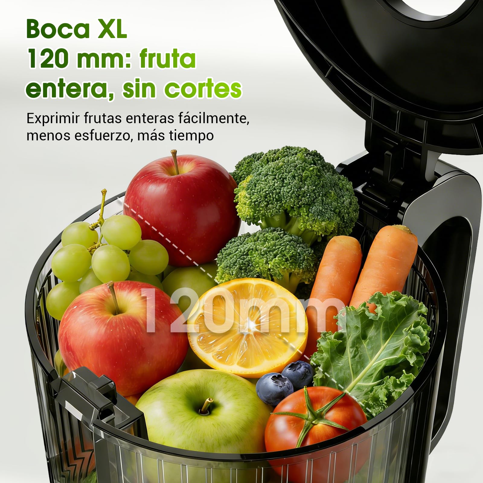 WETIE Extractor de Zumos y Verduras, Licuadora de Prensa en Frío con Boca Extra Grande 120mm, 99% Rendimiento, Slow Juicer Silencioso, Fácil de Limpiar, Incluye 2 Vasos