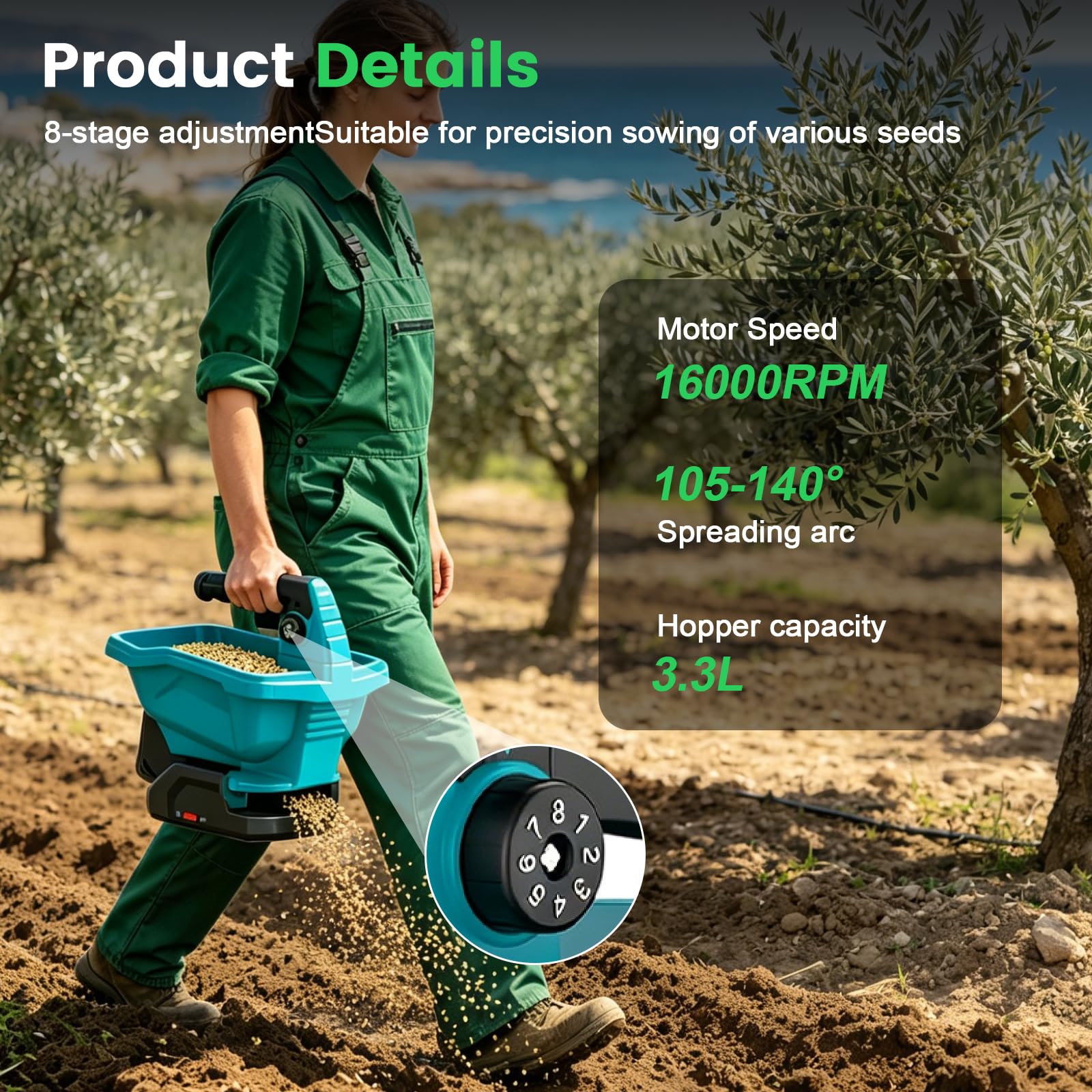 Esparcidor de abono a batería Makita con batería de 18 V, portátil, con 8 niveles de dispersión, 6 velocidades, 3,3 L, universal para semillas de césped, fertilizantes, piensos, sal de carretera (sin