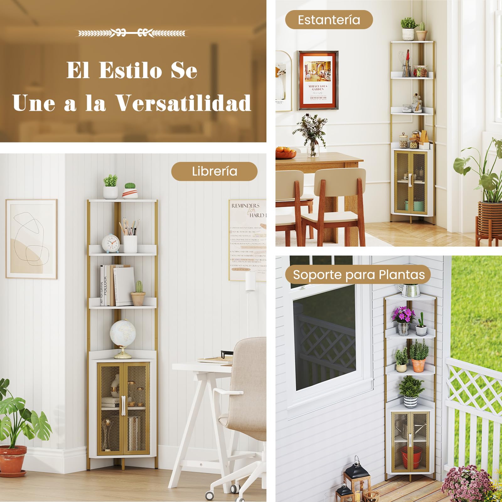COSTWAY Estanteria Esquinera de 6 Niveles, Estanteria Esquina con Gabinete y Puertas, Estante Ajustable, Libreria Rinconera para Plantas, Salon Dormitorio Oficina Cocina, 32 x 32 x 170 cm (Blanco)