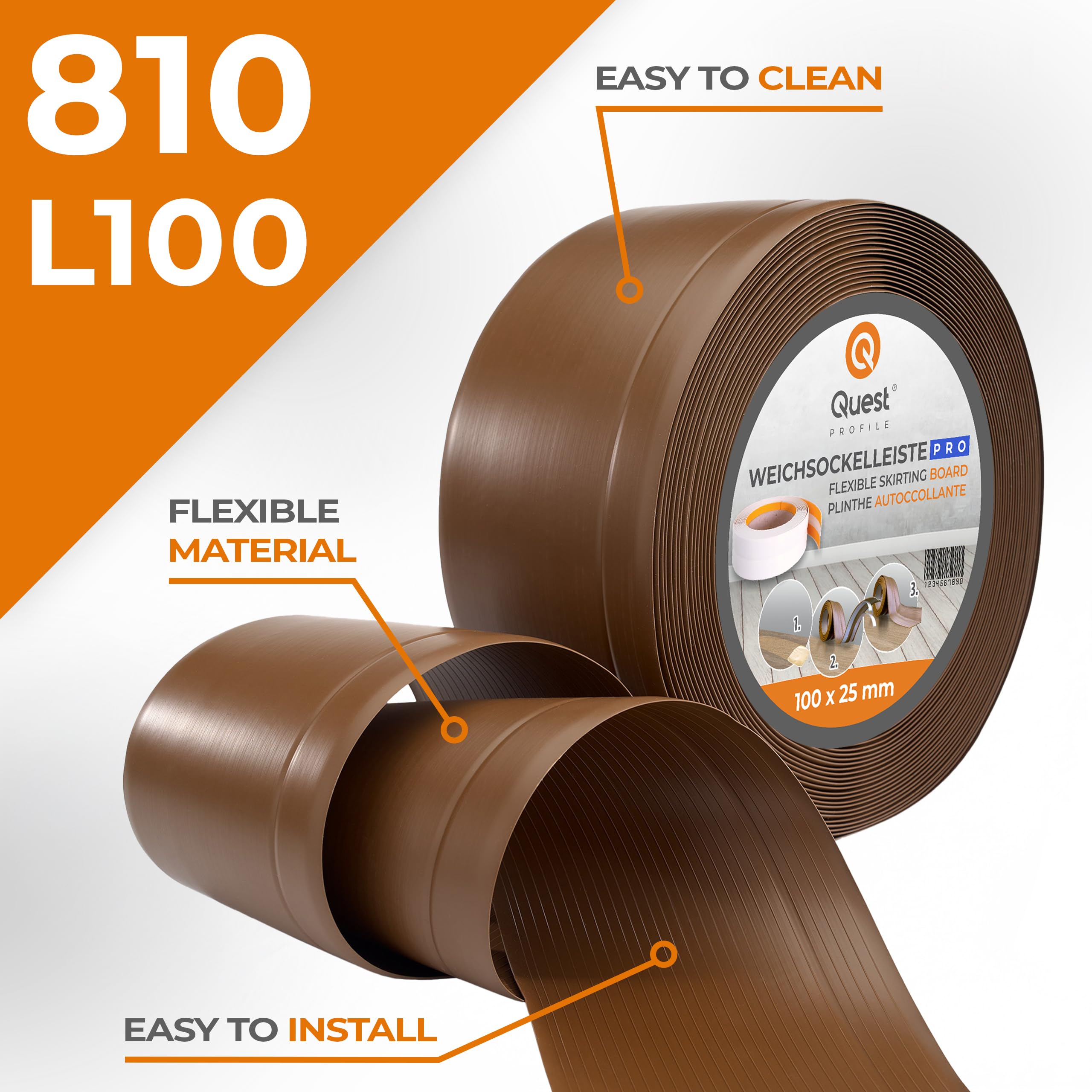 Quest Rodapié Flexible PVC 100x25 mm - Marrón, 10 m