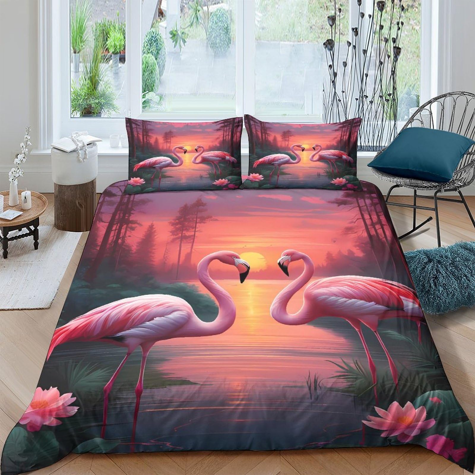 Ctjqhvkz Style-10 3D Printed Flamingo Sunset Fitted Sheet Microfiber Anti-Slip Lotus Bed Cover For Bedroom Guest Room Decor Single（135X200cm）