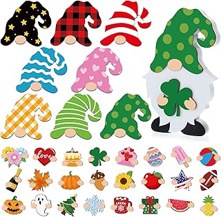 Qunclay Interchangeable Summer Wooden Gnome Decor Holiday Seasonal Tiered Tray Decoration with 24 Magnet Pieces and 8 Detachable Hats Gnome Changeable Welcome Sign for Home (Classic)