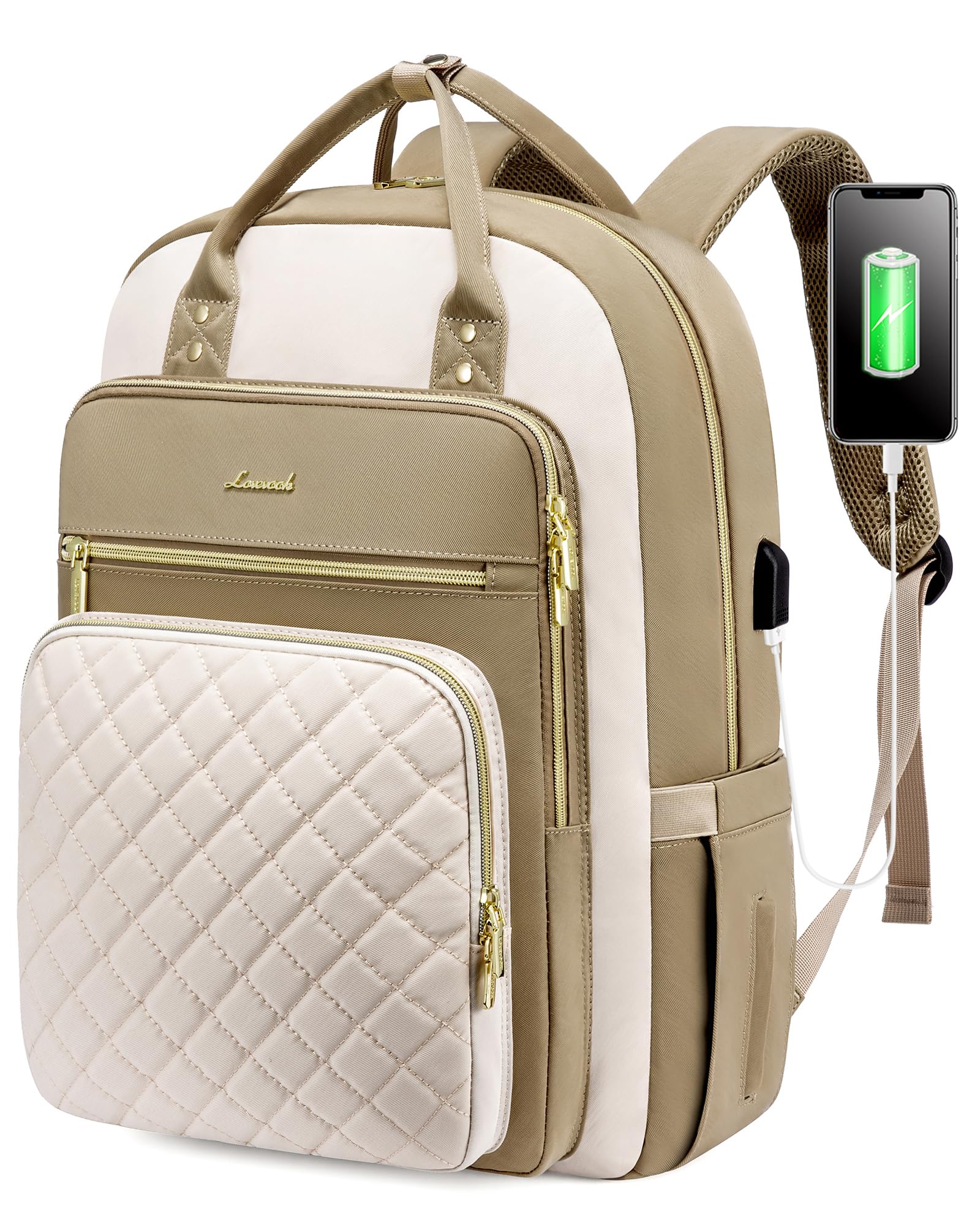 LOVEVOOKLOVEVOOK Laptop Backpack Women 15.6 Inch, Backpacks Womens, Rucksack Bag for College Work Travel University, Ladies Lightweight Commuter Bags with USB Port, Beige KhakiOEKO-TEX STANDARD 100
