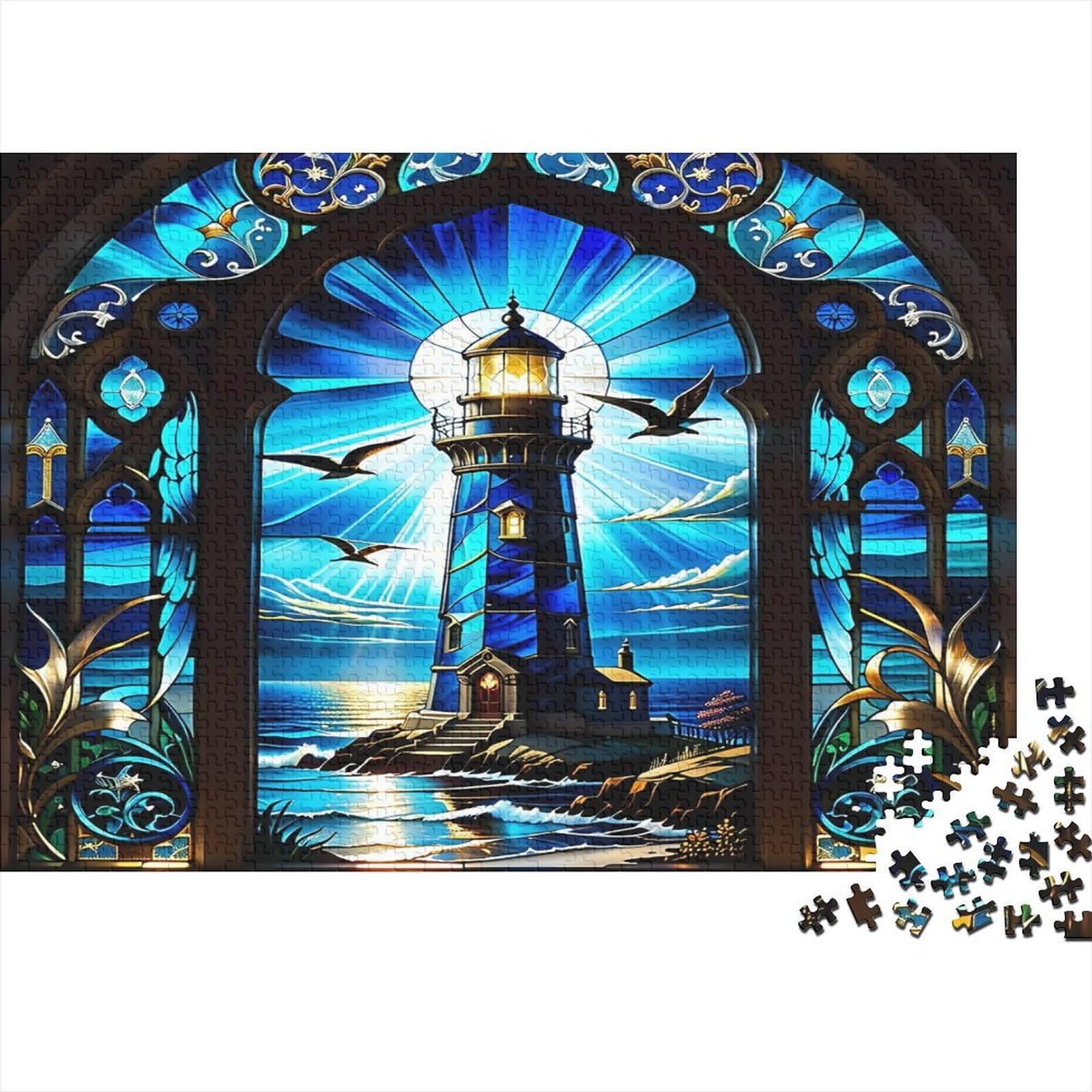 Stained Glass Lighthouse Stained Glass Lighthouse Sea Arch Window Puzzle for Adults 1000 Piece Impossible Hard Challenging Family Game 38x26cm/1000pcs