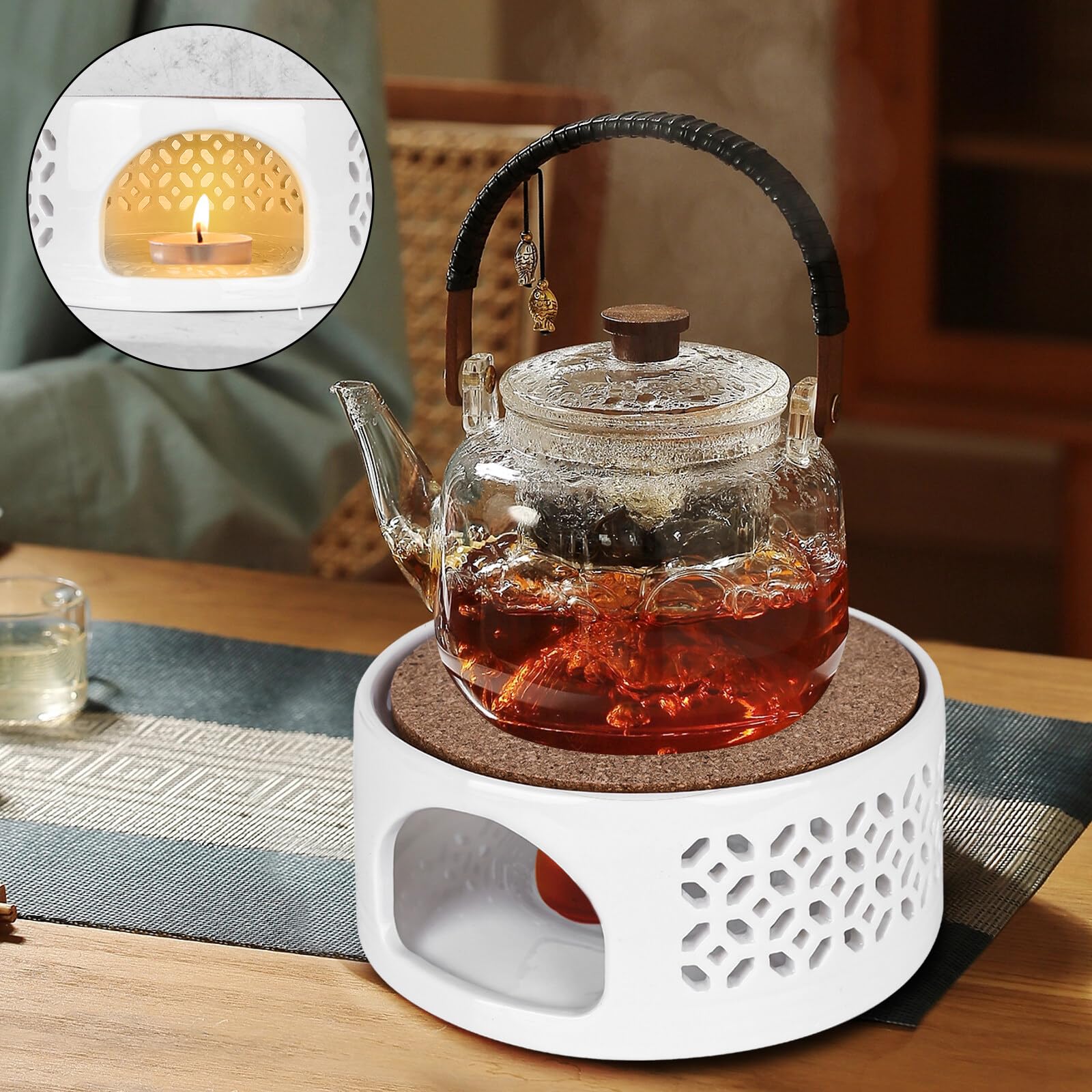 Réchaud à Thé En Céramique Avec Porte-bougie - Design Creux Sculpté - Pour Garder Thé/café Chaud - 6