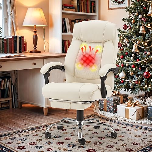 Miniatura 2 de HOMREST Silla de oficina de masaje de 4 puntos, sillas ejecutivas de calefacción con reposapiés, silla de oficina de cuero reclinable con