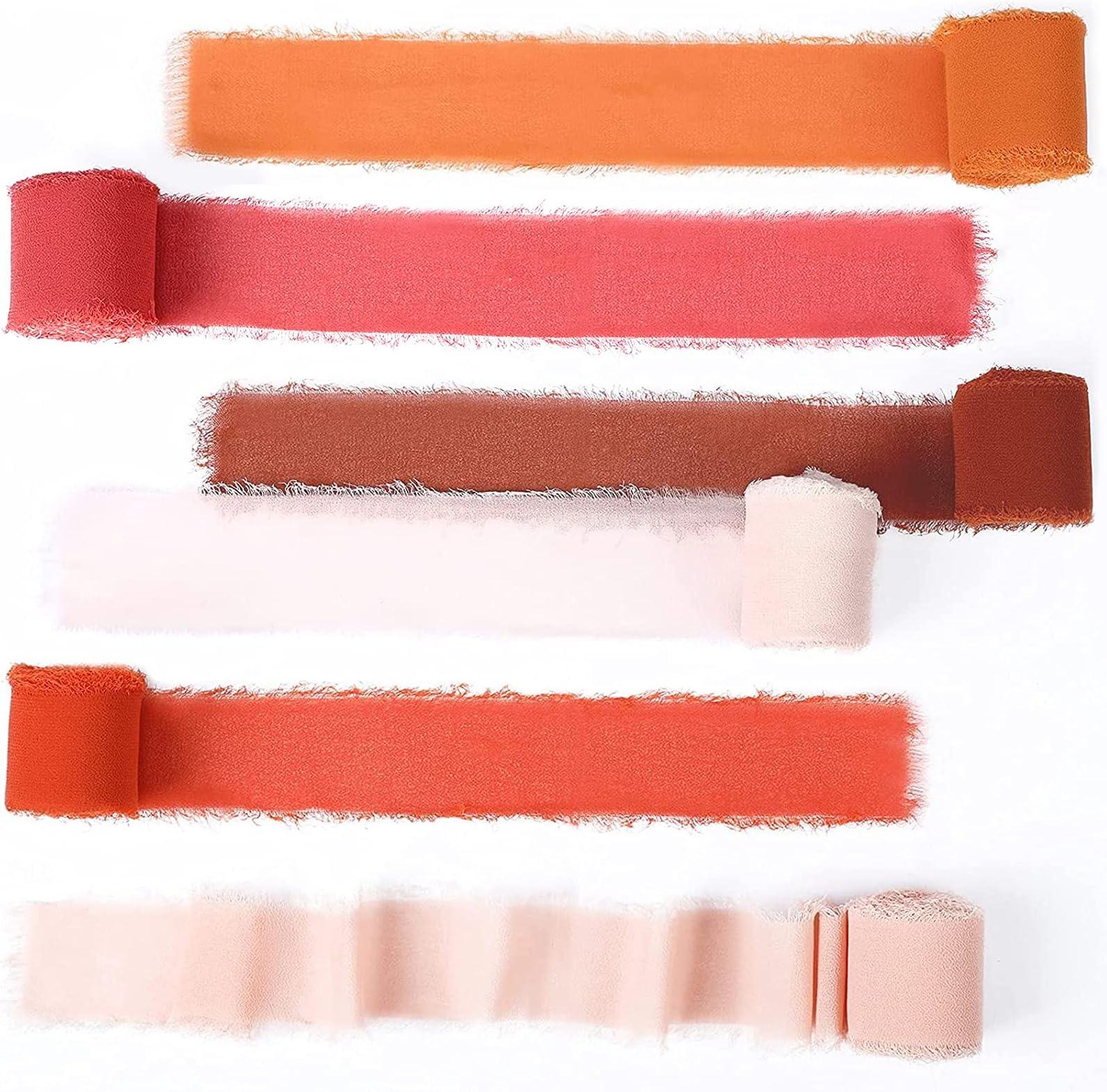 Chuangdi 6 Rolls Terracotta Chiffon Ribbon 1.5 Inch x 5.5 Yard Boho Handmade Fringe Ribbon for Christmas, Wedding Invitation, Bridal Bouquet, Gift Wrapping, DIY Craft